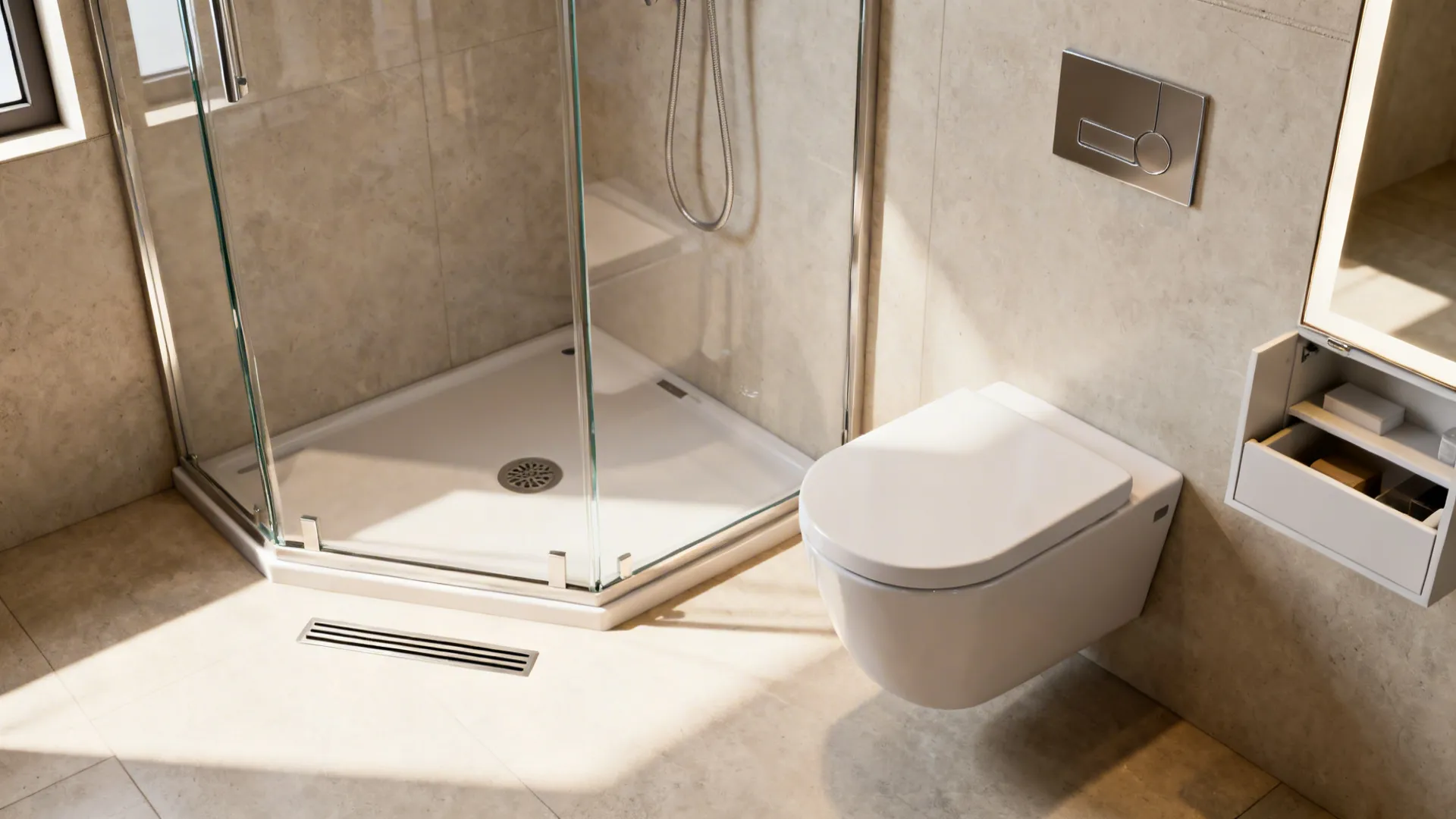 Compact bathroom vignette showing quadrant shower, wall-hung toilet, and waterproofing/drain details