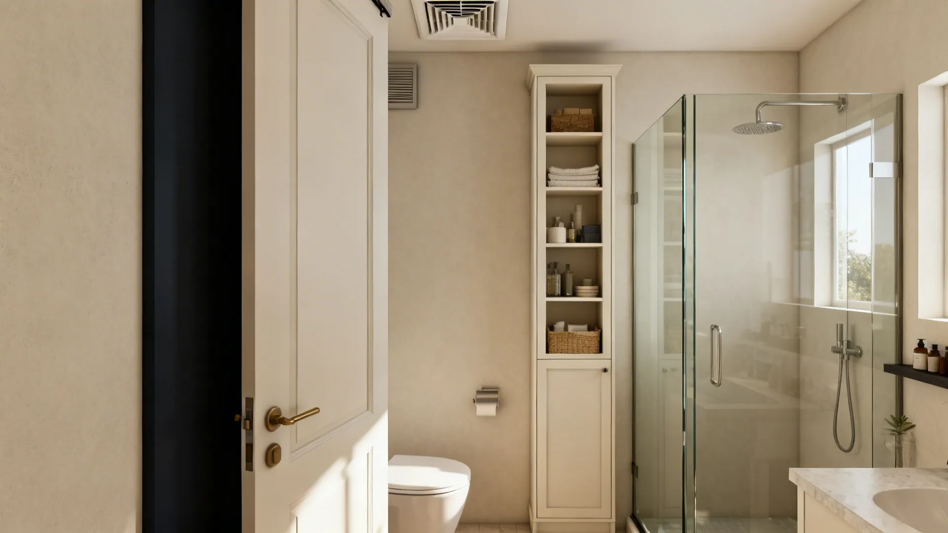 Small bathroom vignette showing pocket door, clear glass shower, vertical storage, and ventilation.
