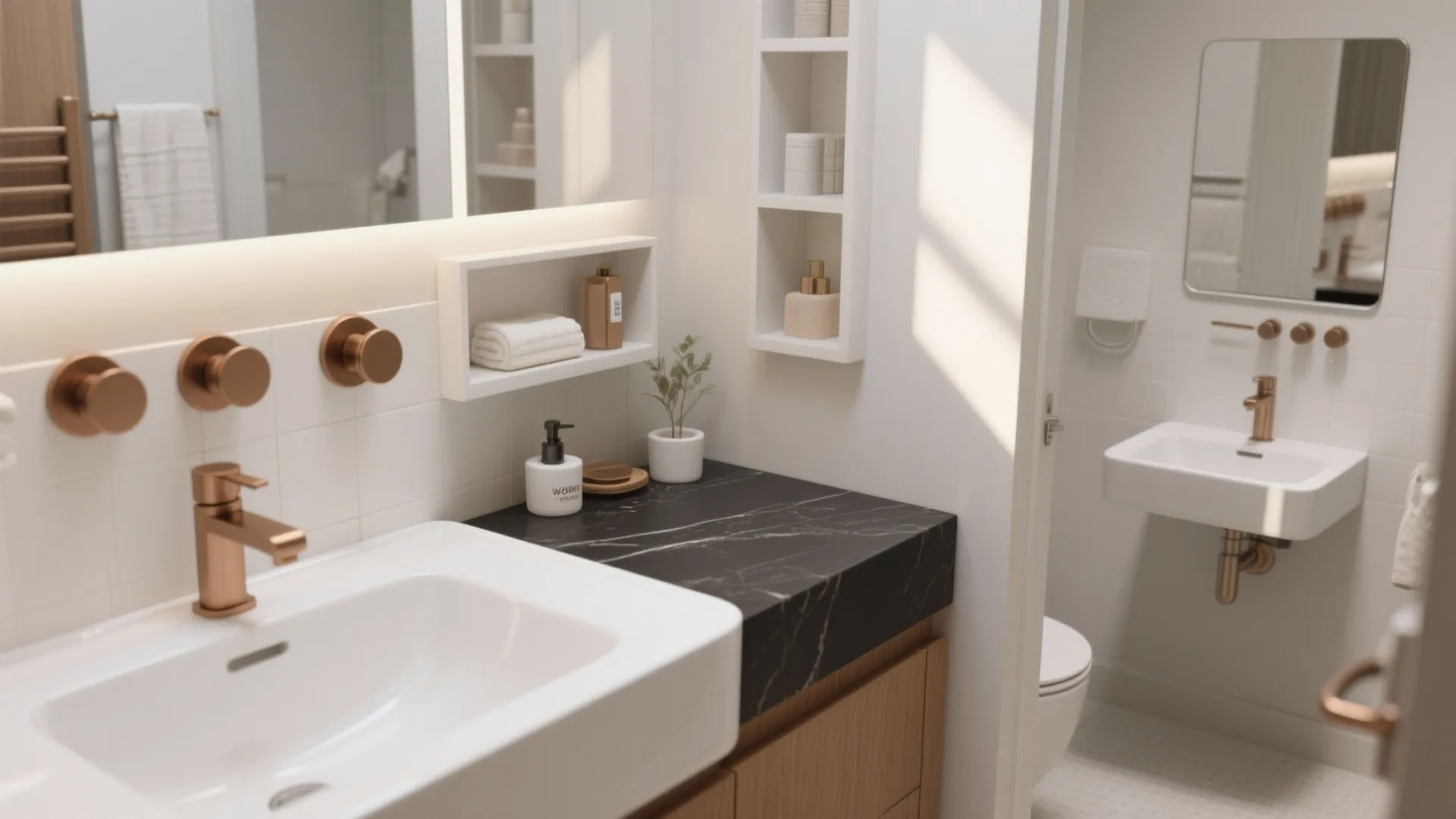 Composite of white vanity vignettes showing finishes, hardware, and compact installation examples