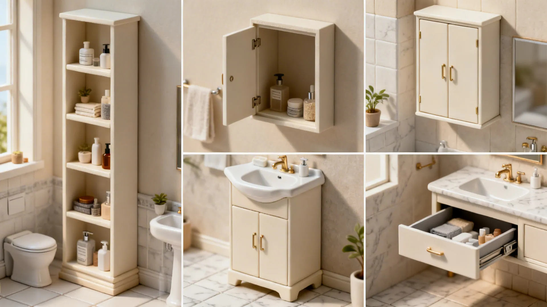 Composite vignettes showing shelving, recessed cabinet, corner storage and pull-out drawers for small bathroom FAQs