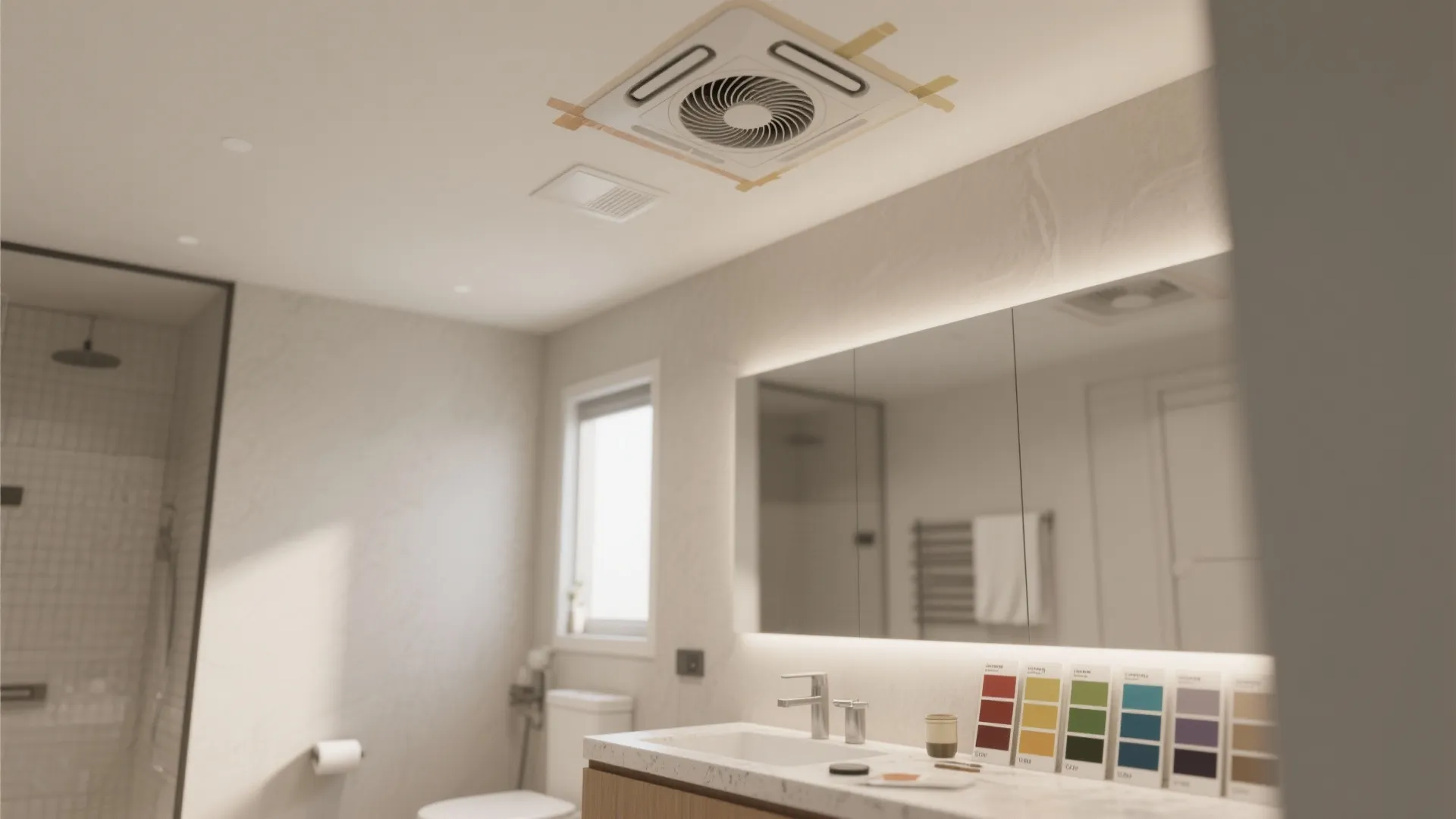 Modern bathroom with white sink, large mirror, wooden cabinet, toilet, and ceiling fan ventilation system