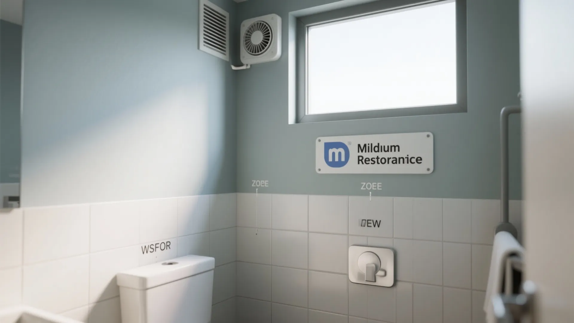 Bathroom corner illustrating zones: matte paint, tile splash zone, and exhaust fan for ventilation.