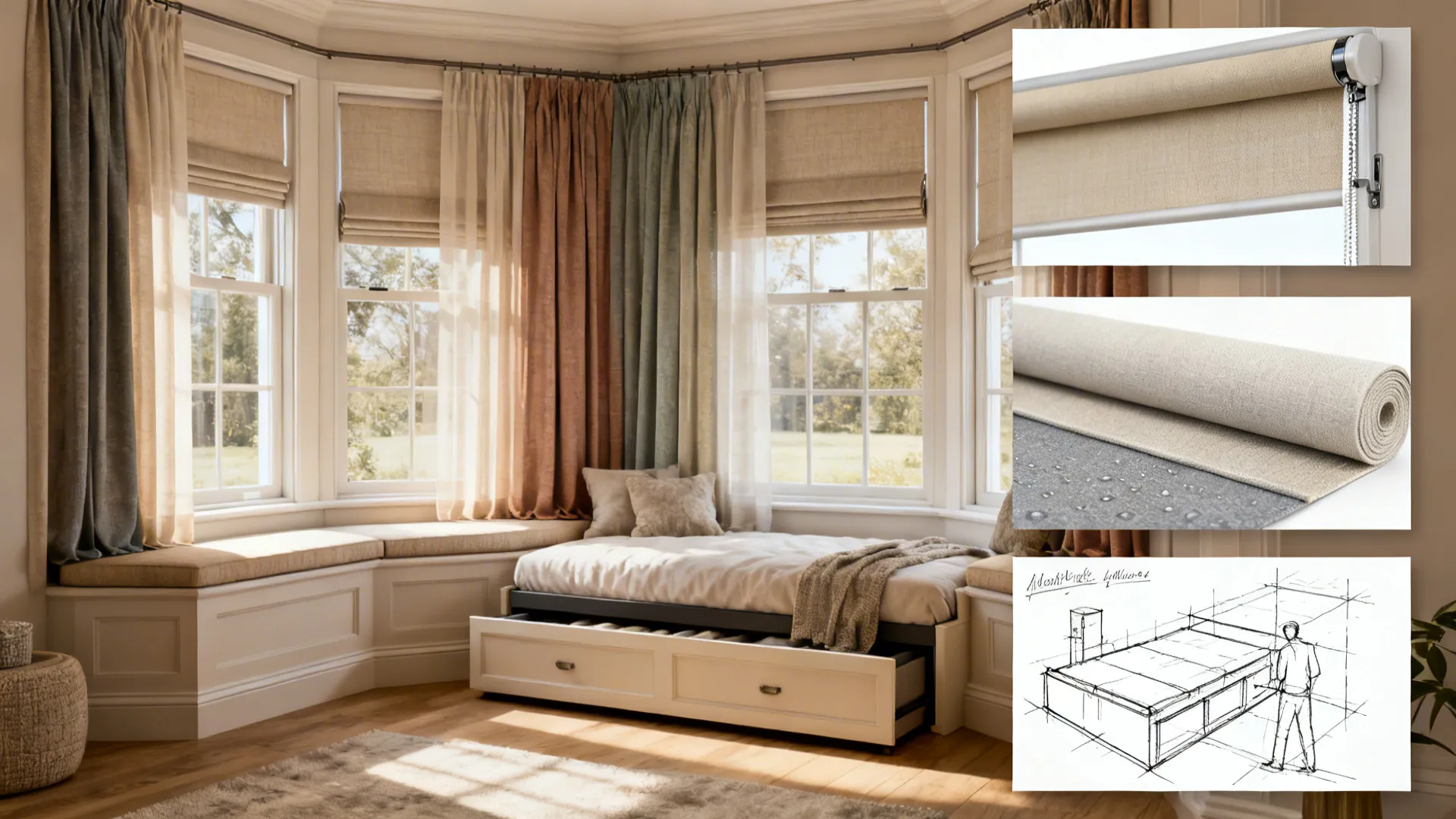 Collage of bay window solutions: seating, layered curtains, daybed trundle and material samples