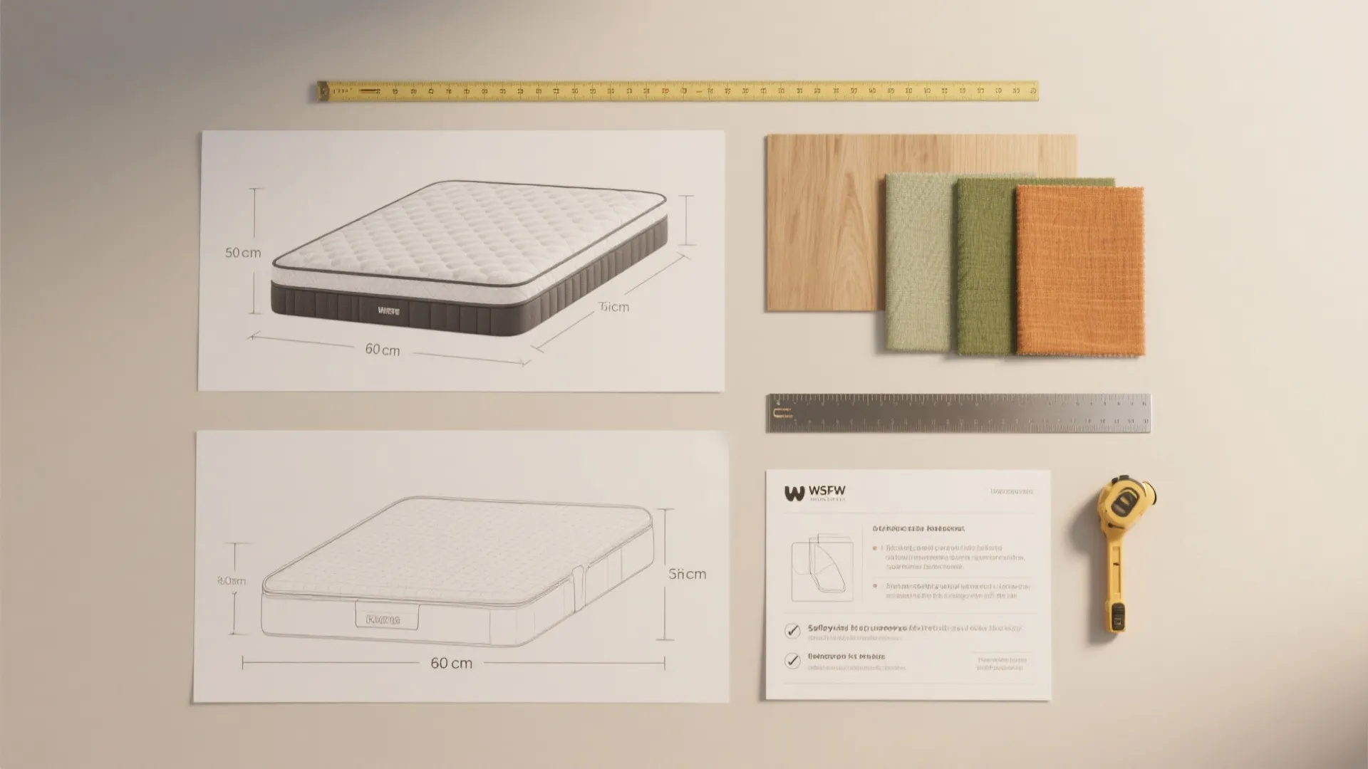 Technical interior design drawing showing bed dimensions with fabric samples and yellow measuring tape tools
