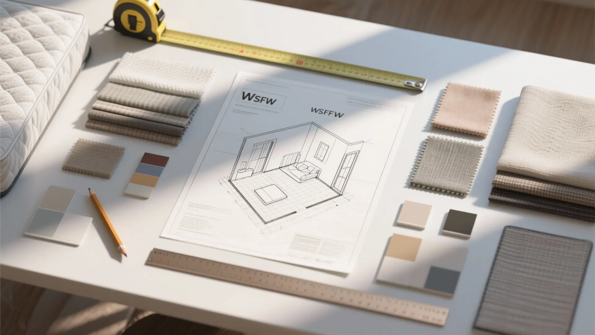 Interior design drawing on white table with fabric samples yellow measuring tape pencil and ruler