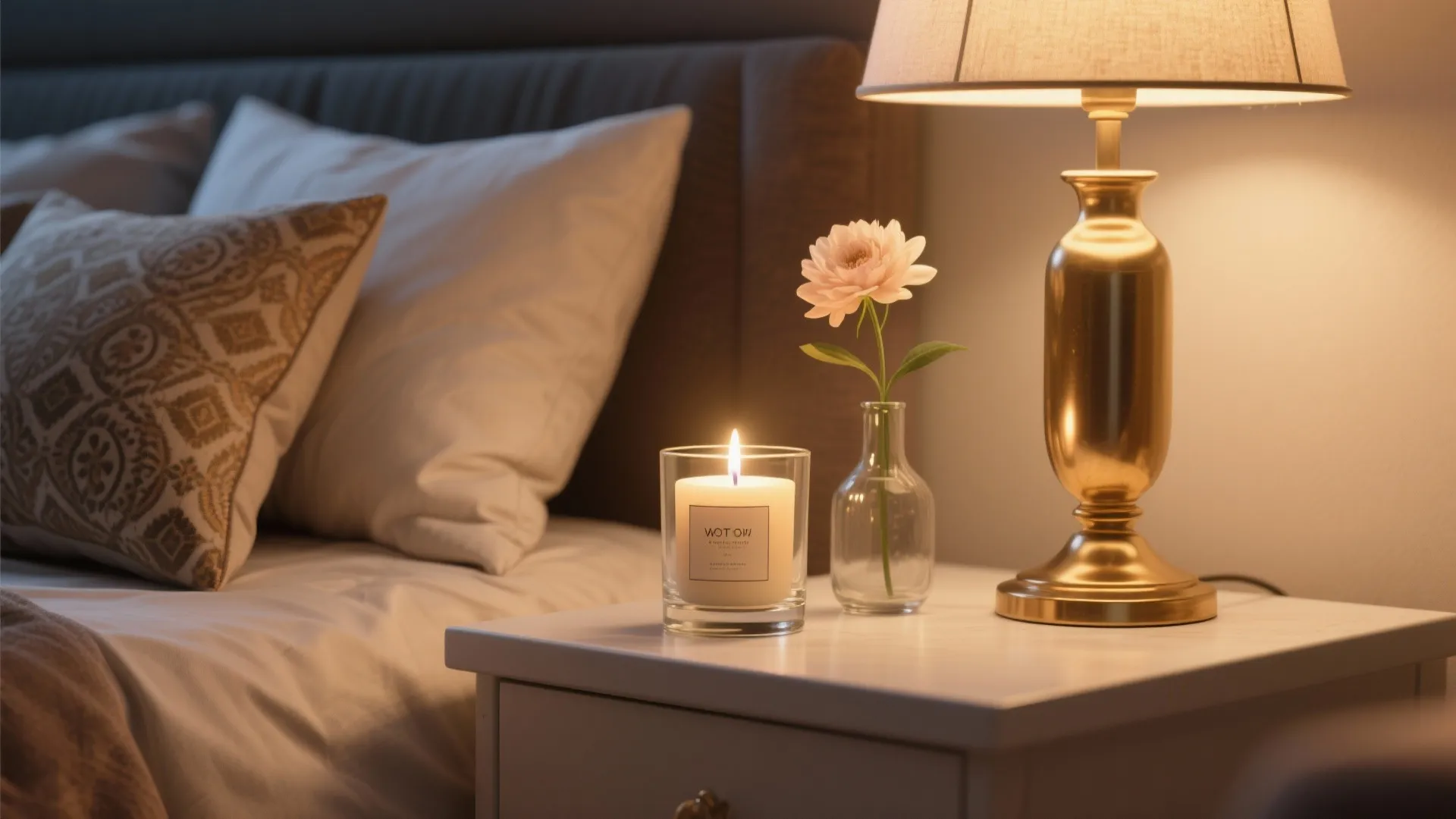 Macro bedside scene with LED candle, vase and pillows illustrating safe romantic styling tips.