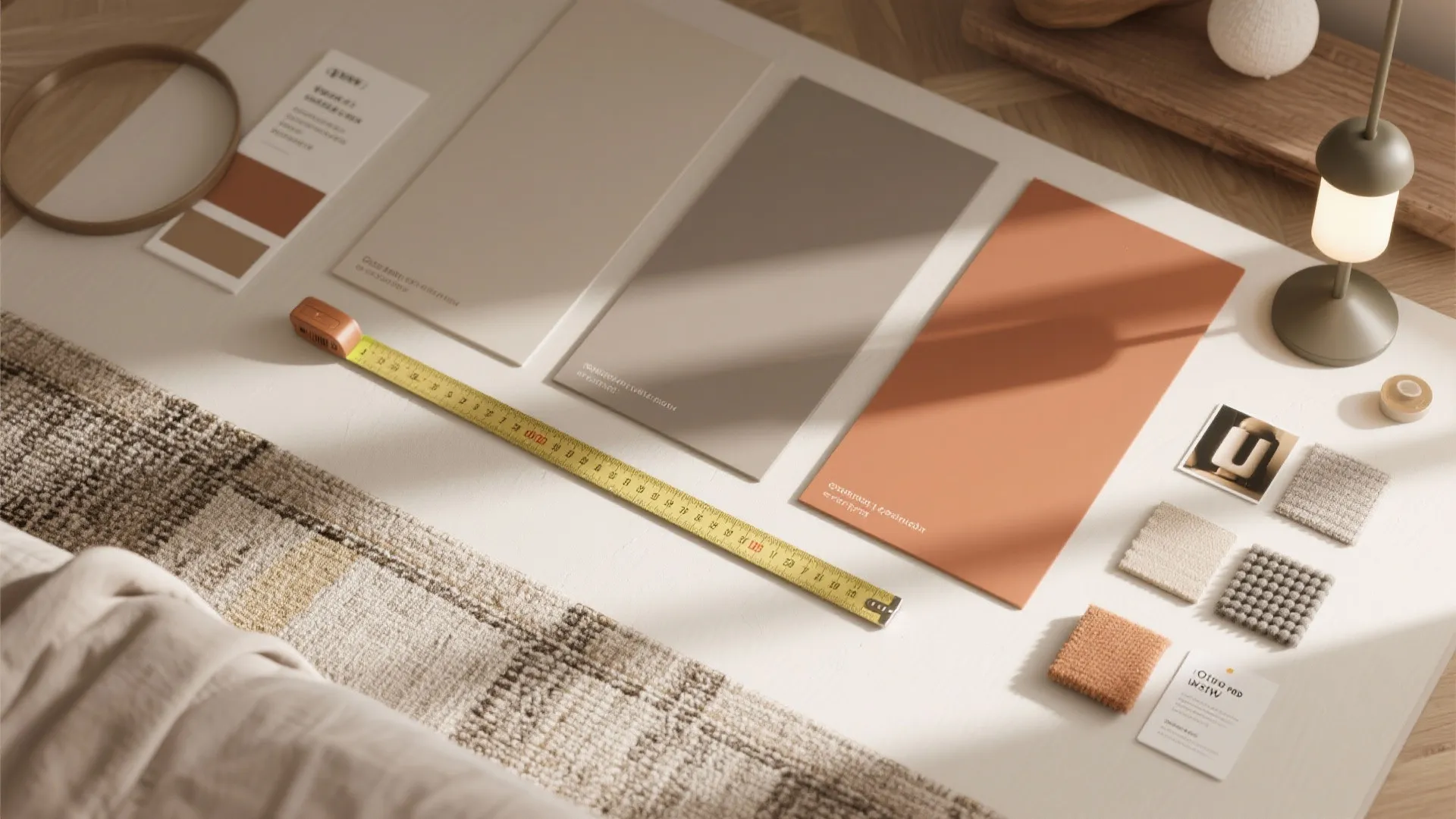Interior design mood board with color swatches fabric samples and measuring tape on white surface