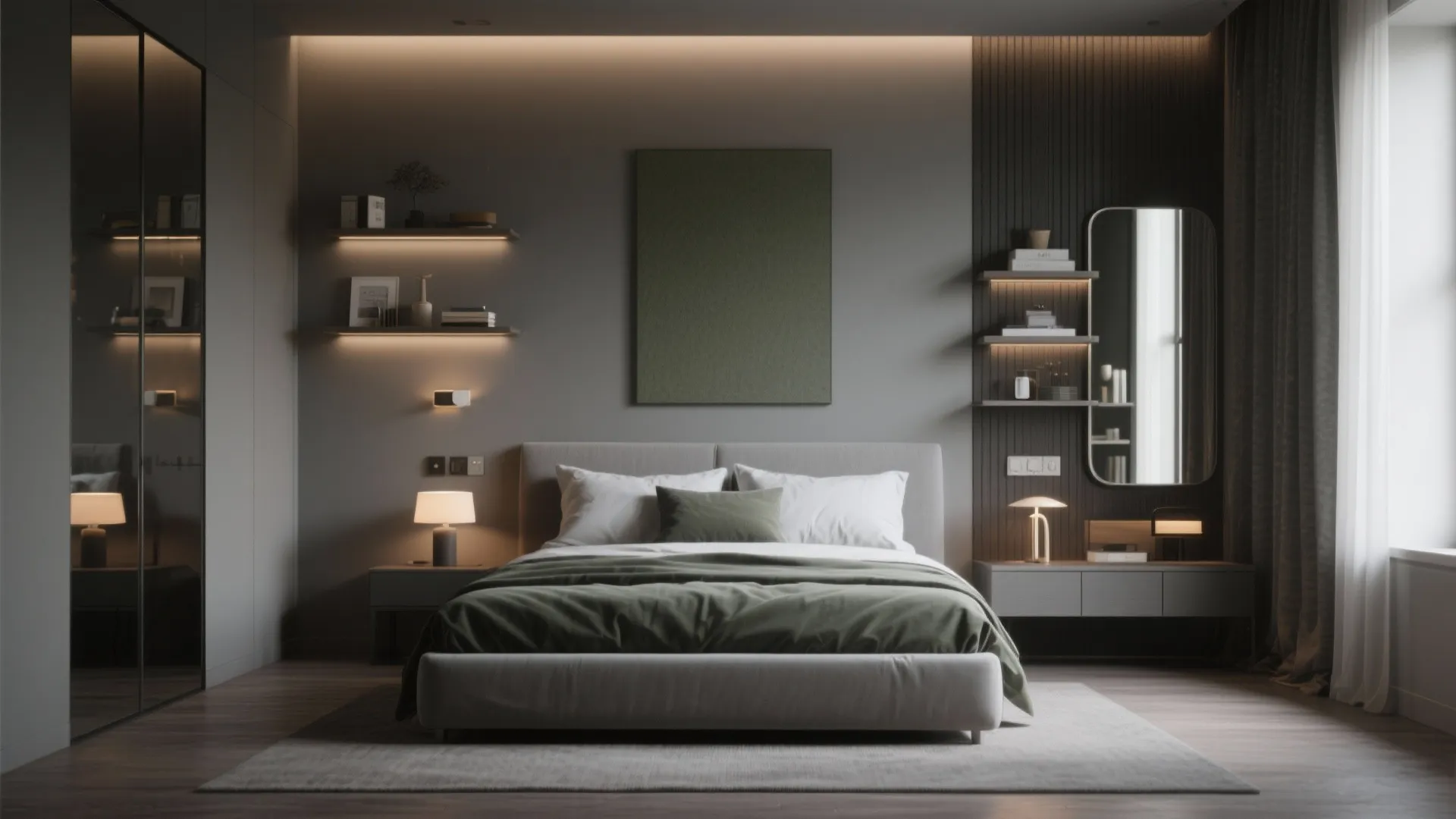 Practical masculine bedroom scene showing low-profile furniture, shelving, and layered lighting for easy styling tips