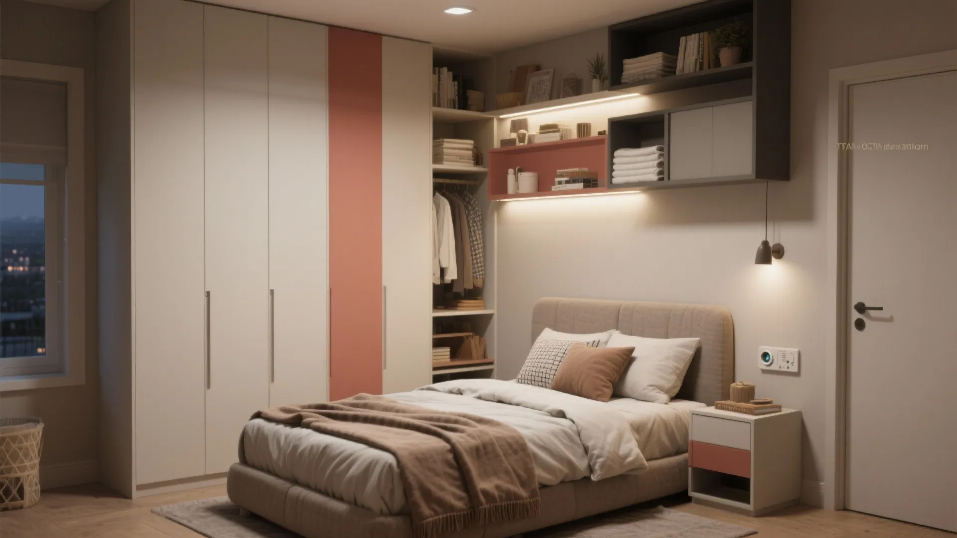 Compact bedroom featuring white and orange cabinets open wall shelves for books and a comfortable bed