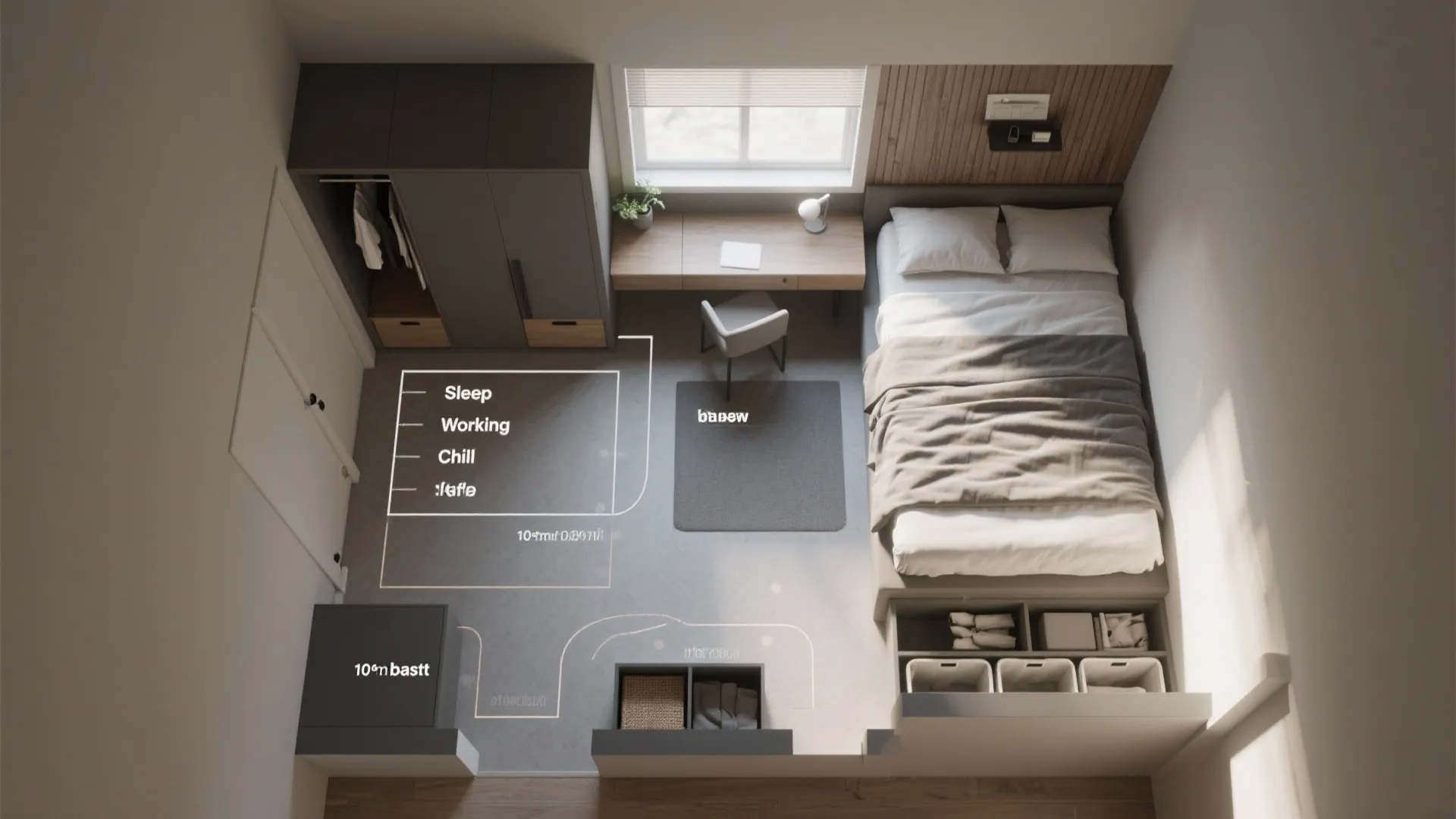 Top-down photorealistic small bedroom floor plan showing zones, furniture placement, and storage solutions.