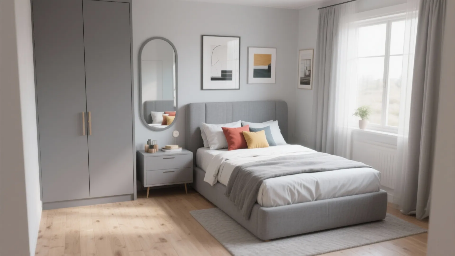 Modern grey bedroom with double bed side table large wardrobe oval mirror and natural light