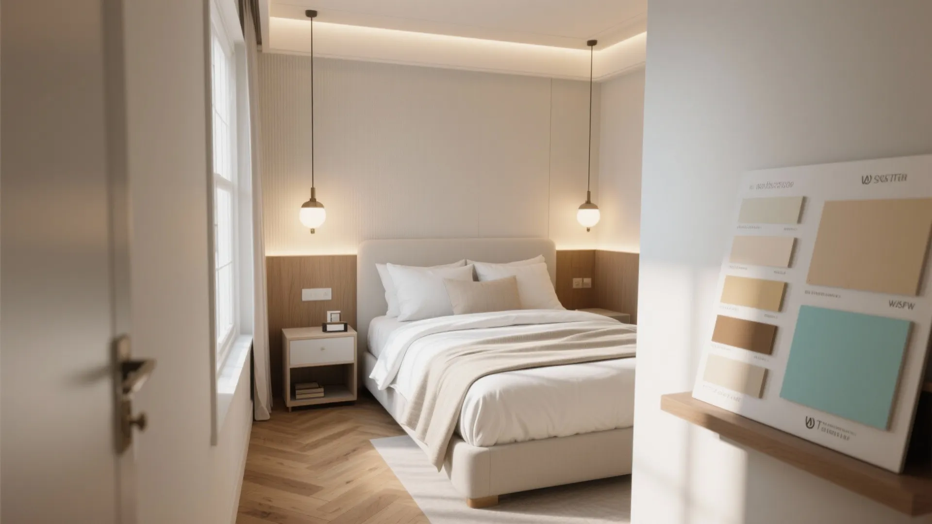 Cozy bedroom with white bed and two hanging ceiling lights beside a color palette board