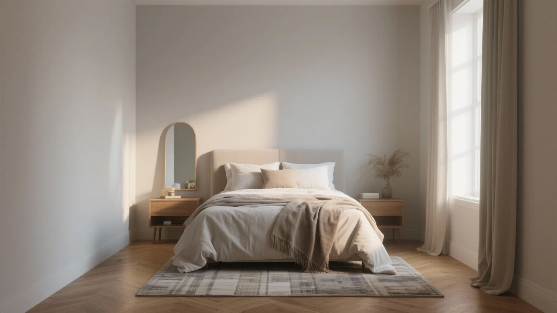 Greige bedroom example demonstrating warmth, scale and material choices for FAQs