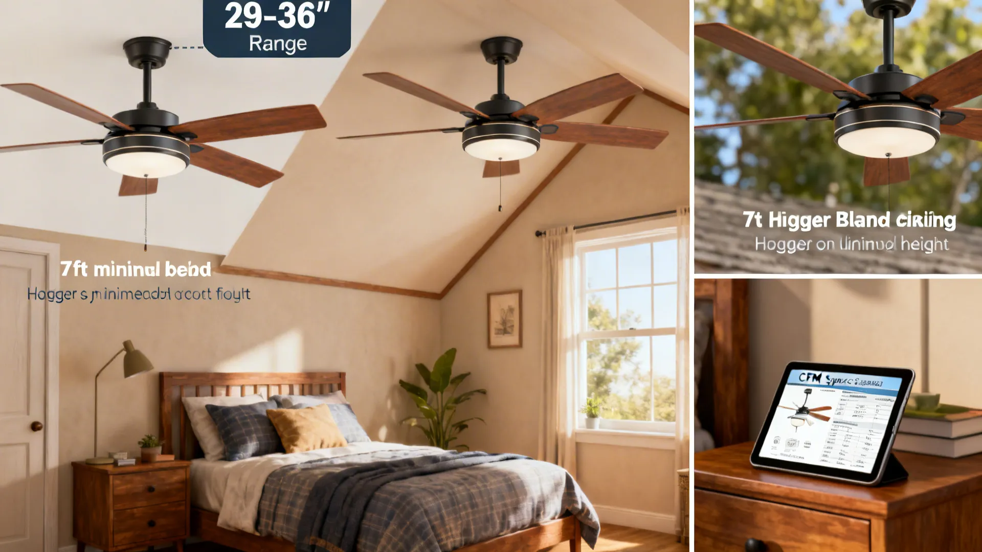 Small bedroom collage with callouts for fan size, blade height and CFM reference on a tablet.