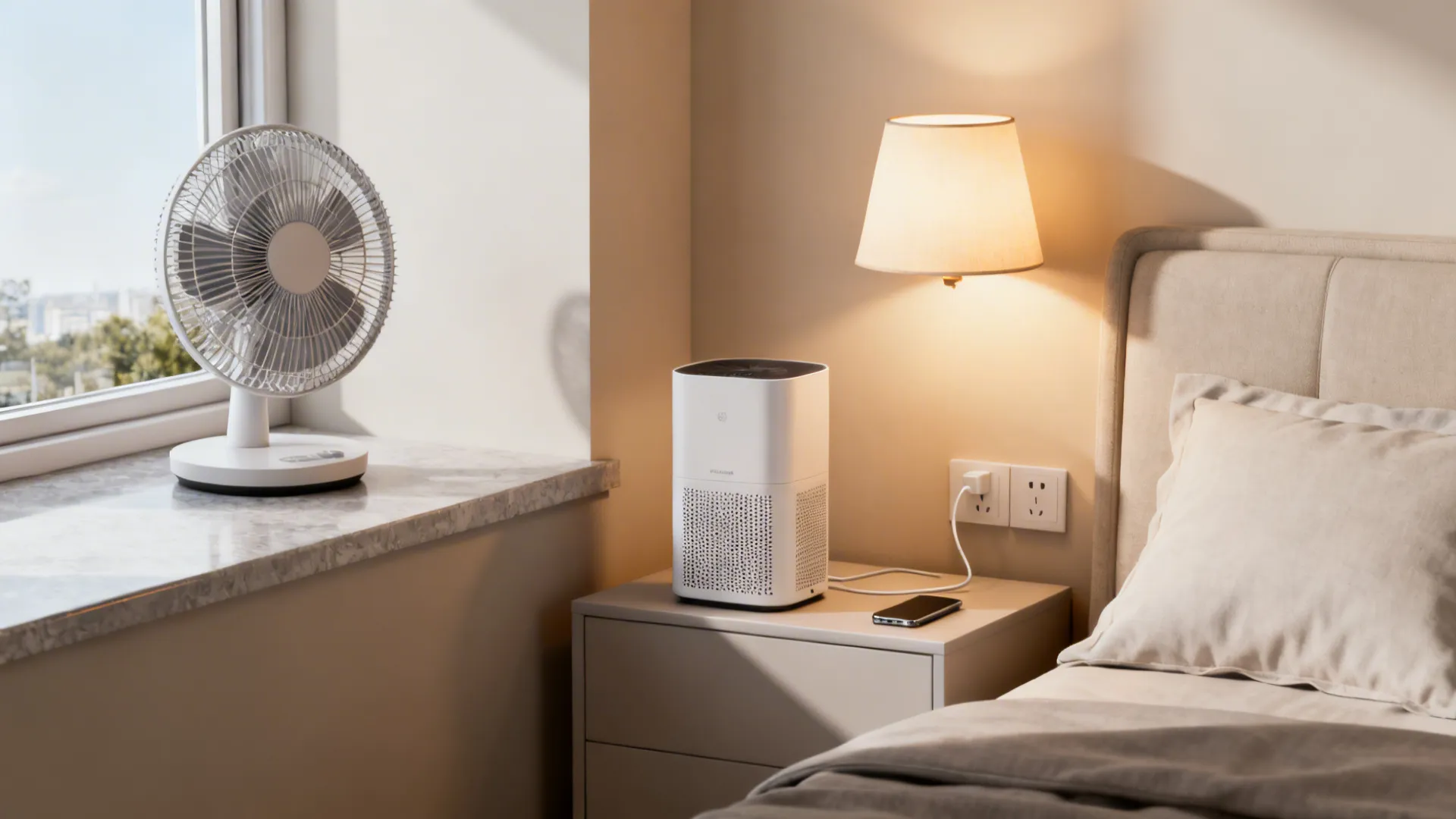 Bedroom corner with air purifier on nightstand next to a bed wall light and electric fan