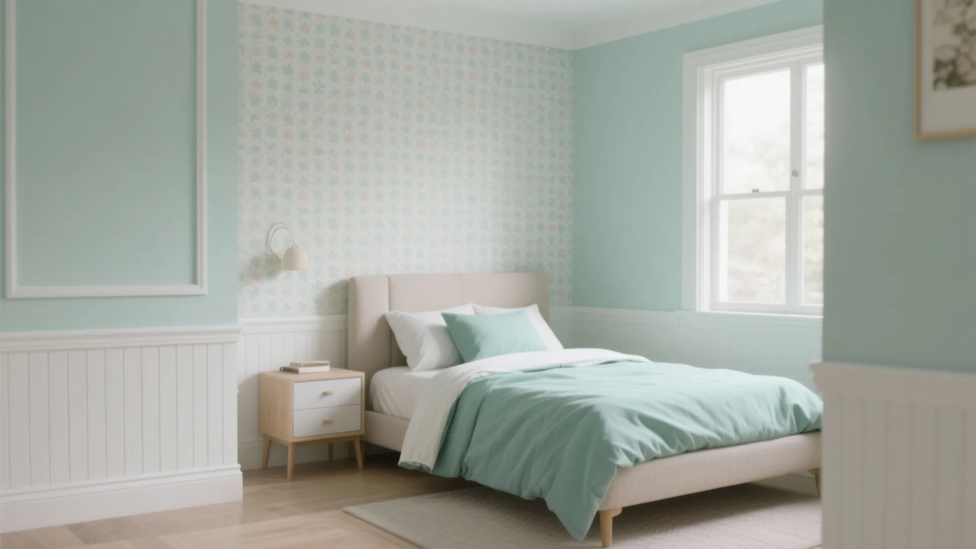 Small bedroom examples showing pastel walls, crisp trim, small-scale wallpaper and accent pops