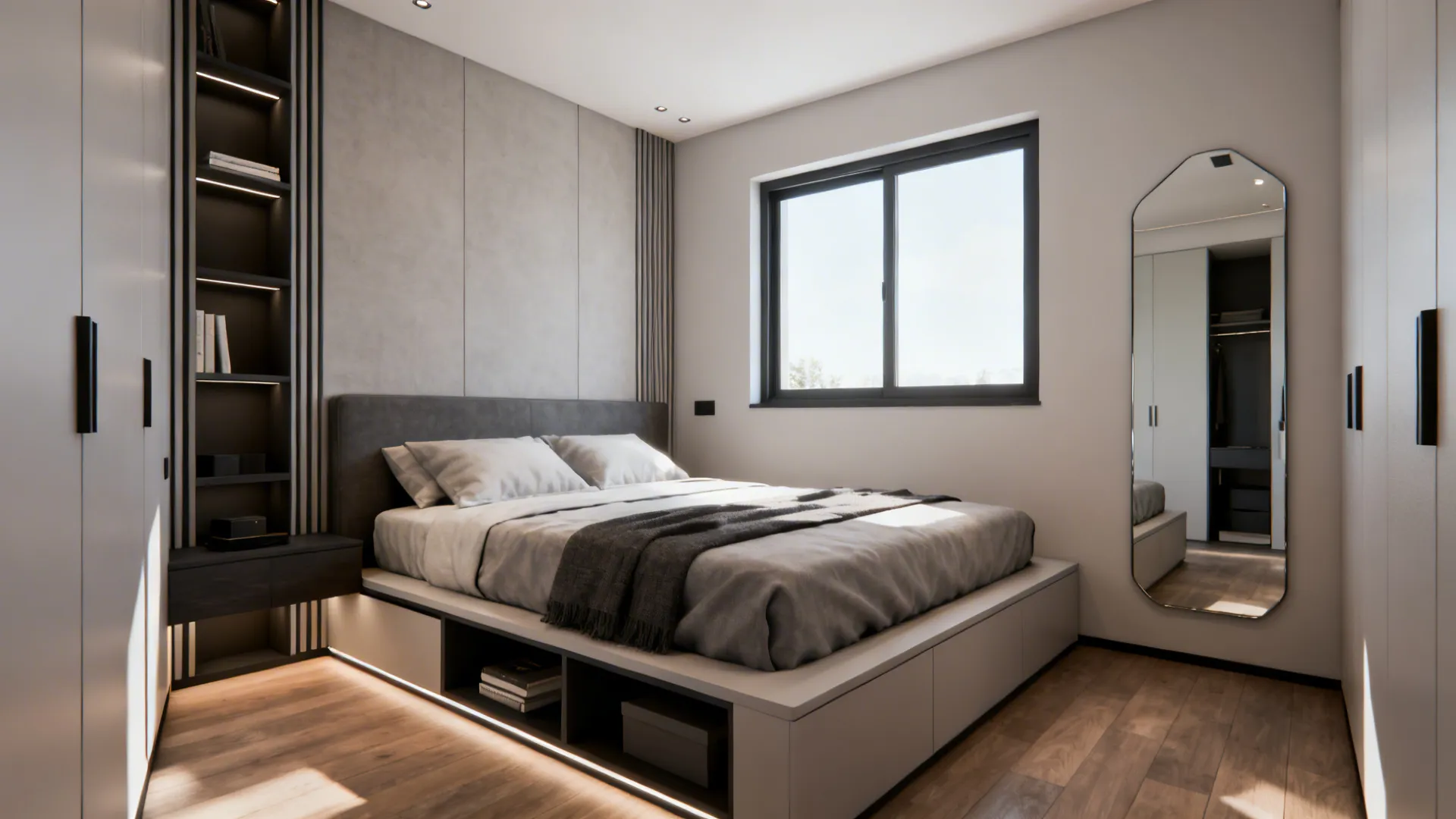 Bright minimalist bedroom with platform bed wall panel tall mirror white wardrobe and wooden floor