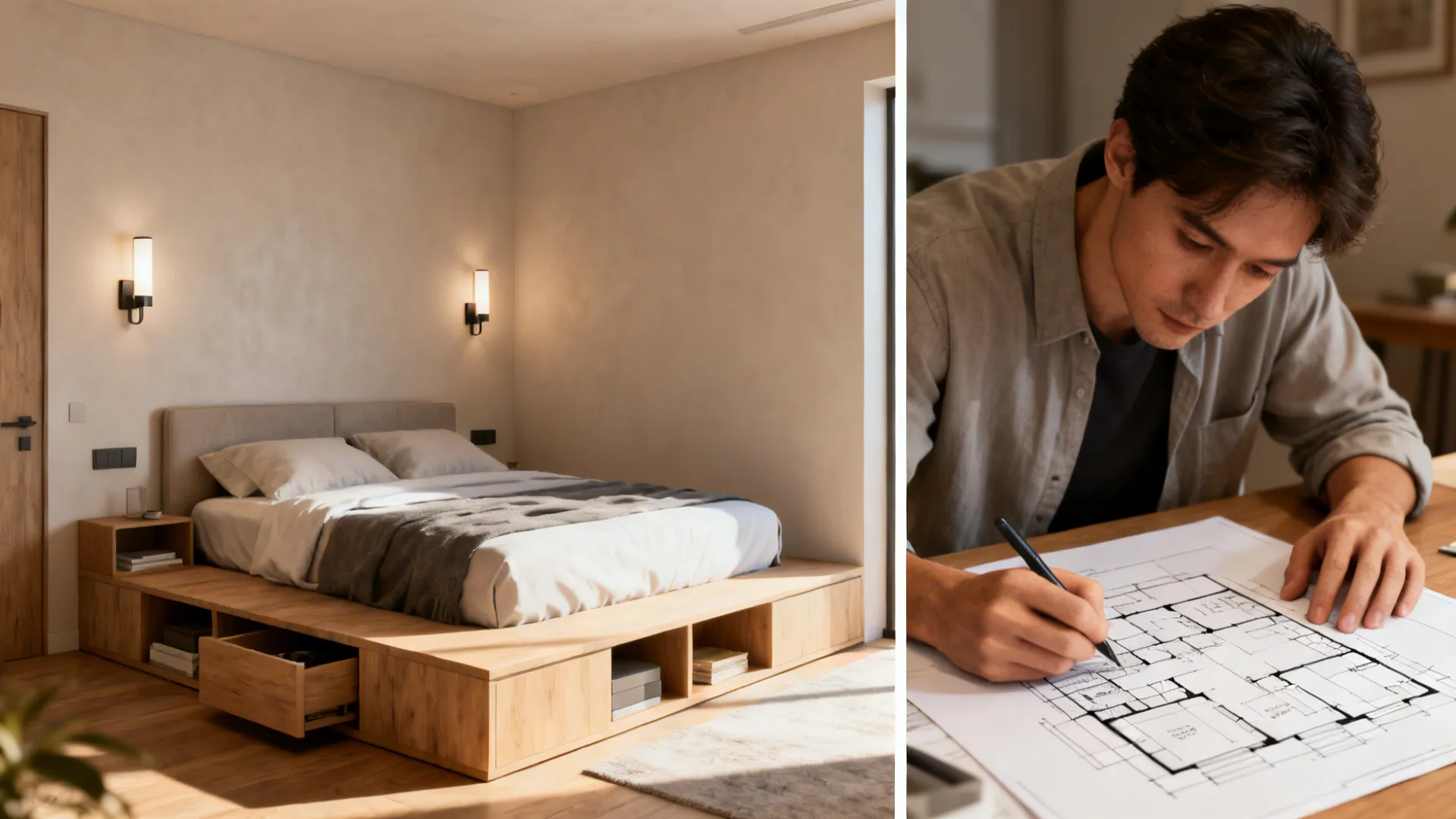 Montage of small bedroom examples: tight clearance, platform storage, wall lighting, and a floorplan sketch