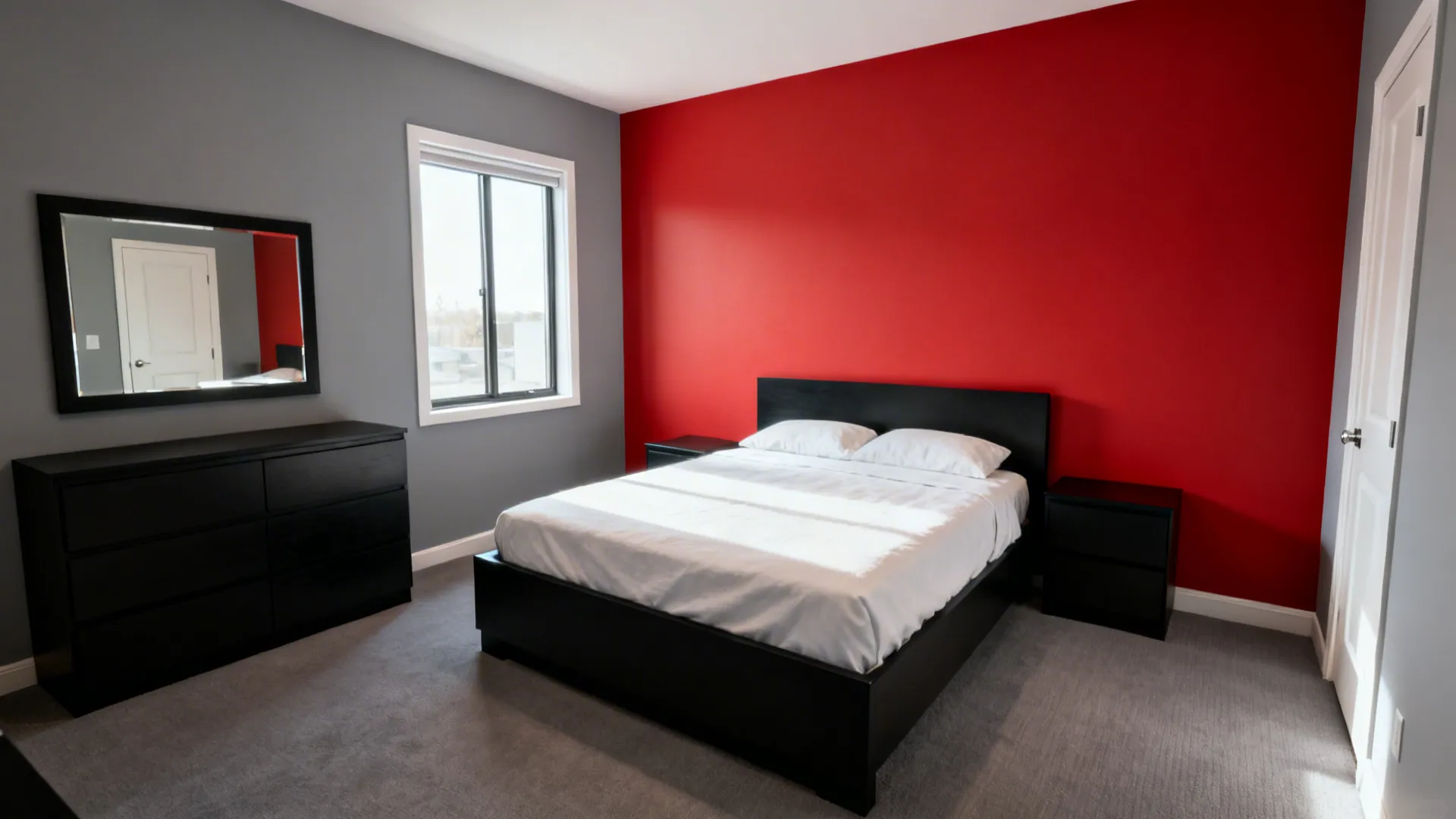 Bedroom layout showing red feature wall, grey walls, and black furniture for FAQ examples