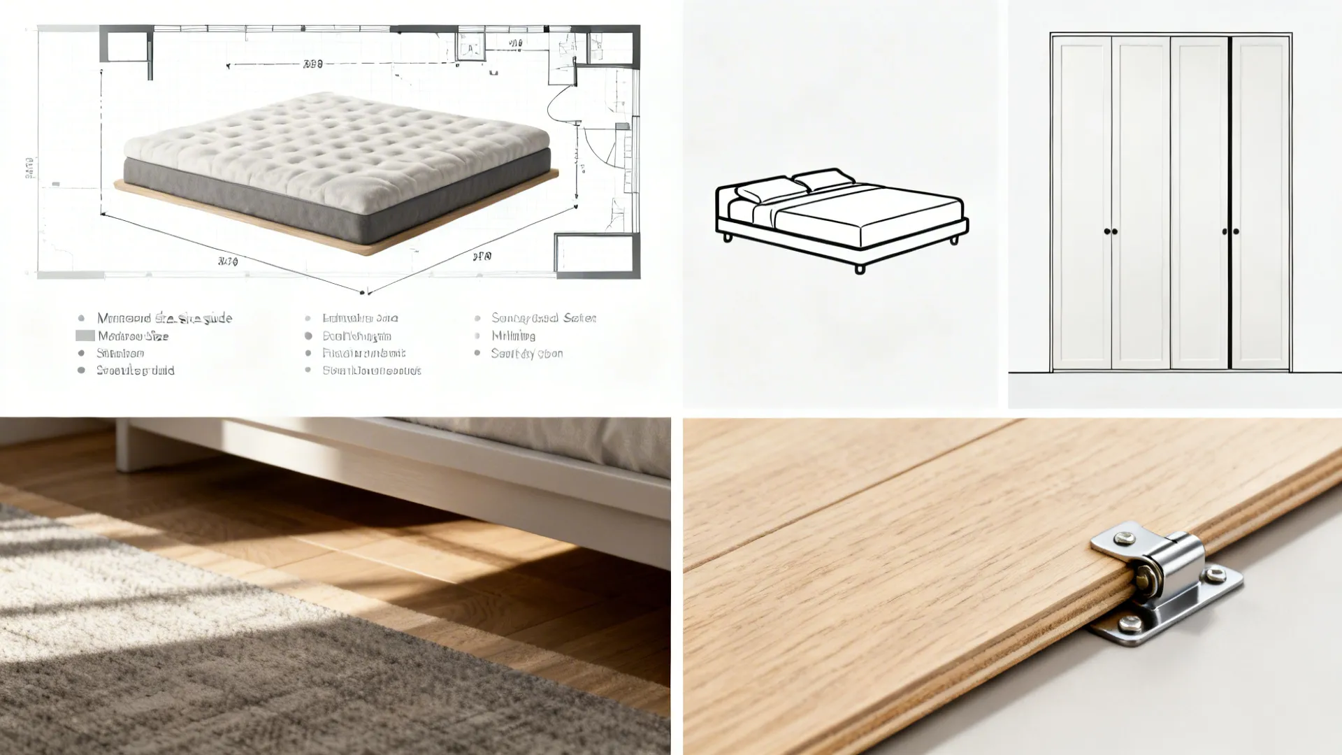 Visual FAQ collage showing mattress sizing, platform bed, sliding wardrobe and Murphy bed hinge.
