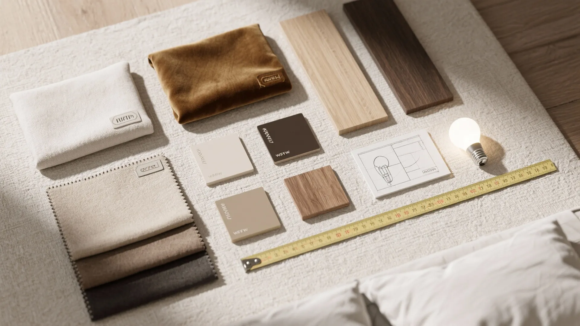 Interior design material board with fabric swatches, wood samples, a drawing, light bulb, and tape