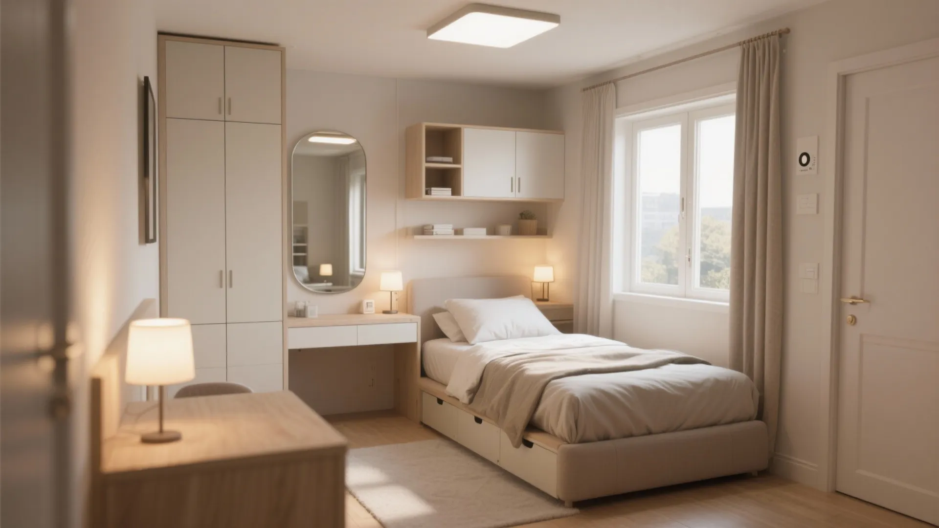 Tidy tiny bedroom showcasing unified paint, mirror, mixed storage and layered lighting for better sleep and space.