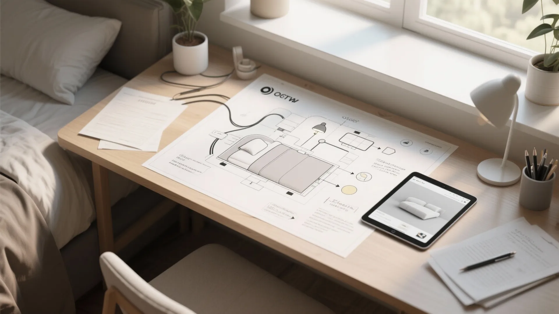 Top-down view of a bedroom planning desk with a layout diagram annotated for sleep, lighting, and cables.