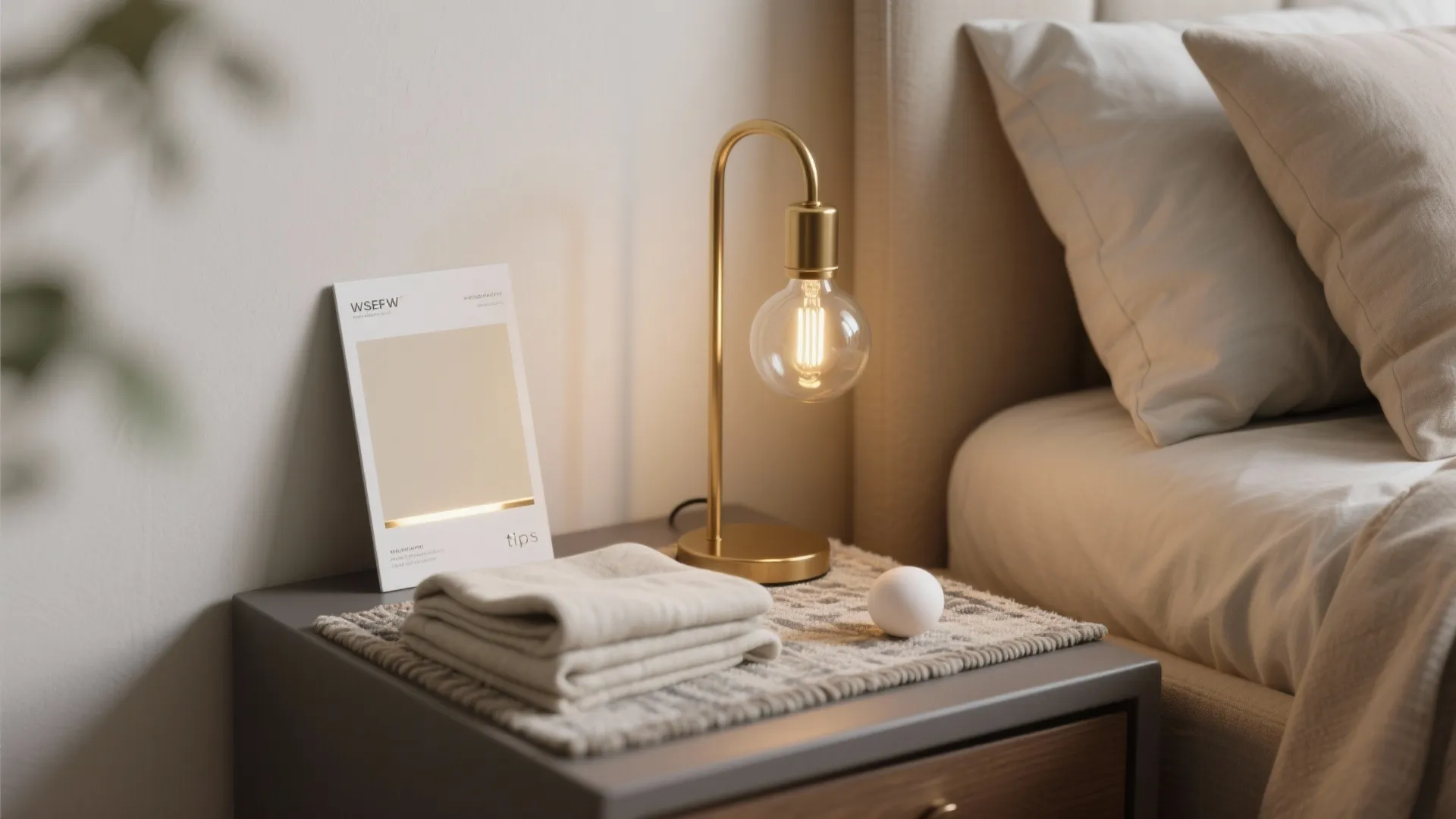 Bedside vignette with paint and finish samples, warm lamp, and folded linens illustrating FAQ tips