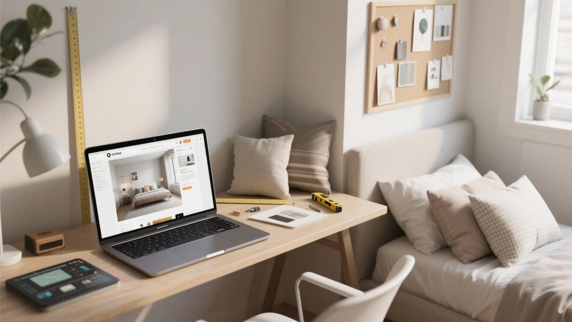 Small bedroom workspace with a laptop showing a 3D preview, fabric samples and measuring tools for DIY planning.