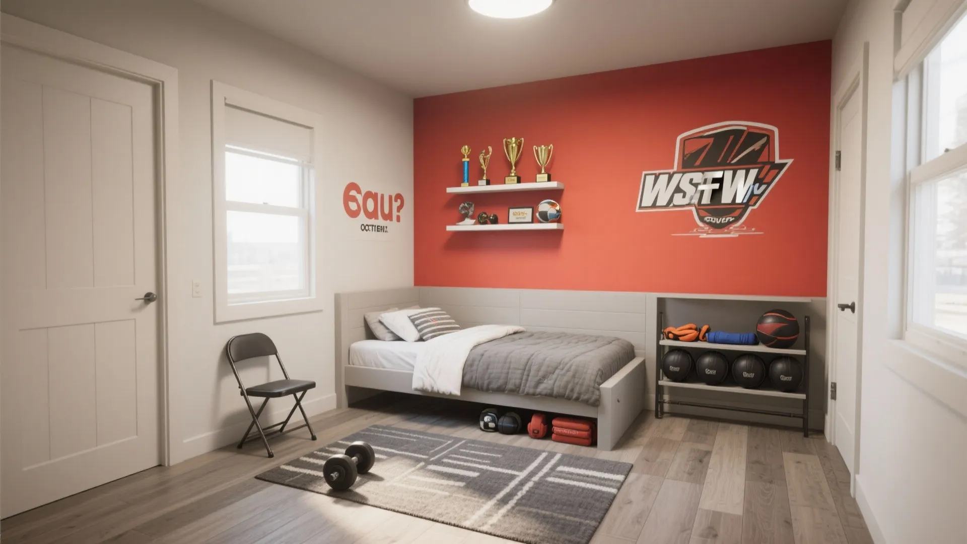 Sports themed bedroom with red wall, grey bed, workout weights, trophies on shelves and chair