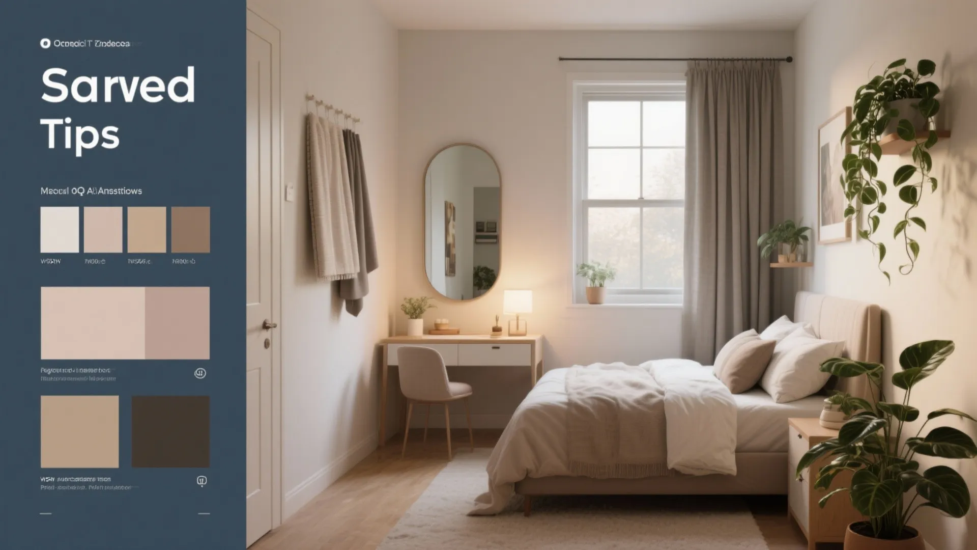Bright cozy bedroom with white bed, small desk, round mirror, beige curtains, and warm lighting