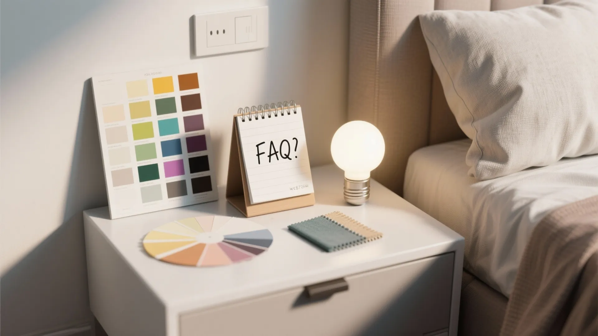 Bedside vignette with paint swatches, a daylight bulb, and fabric samples illustrating FAQ topics.