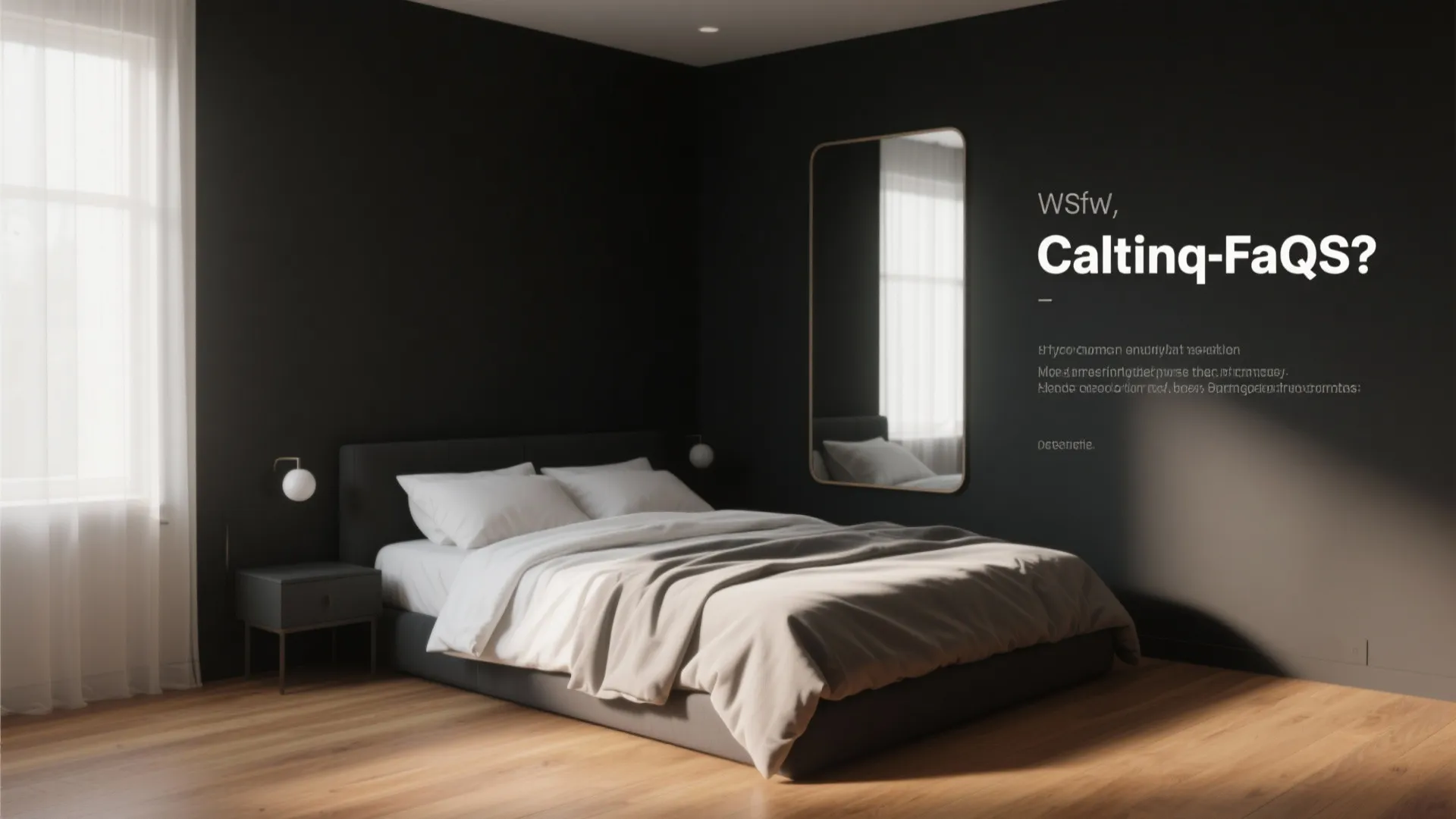 Dark grey bedroom layout featuring wood floors large wall mirror and bed with white sheets