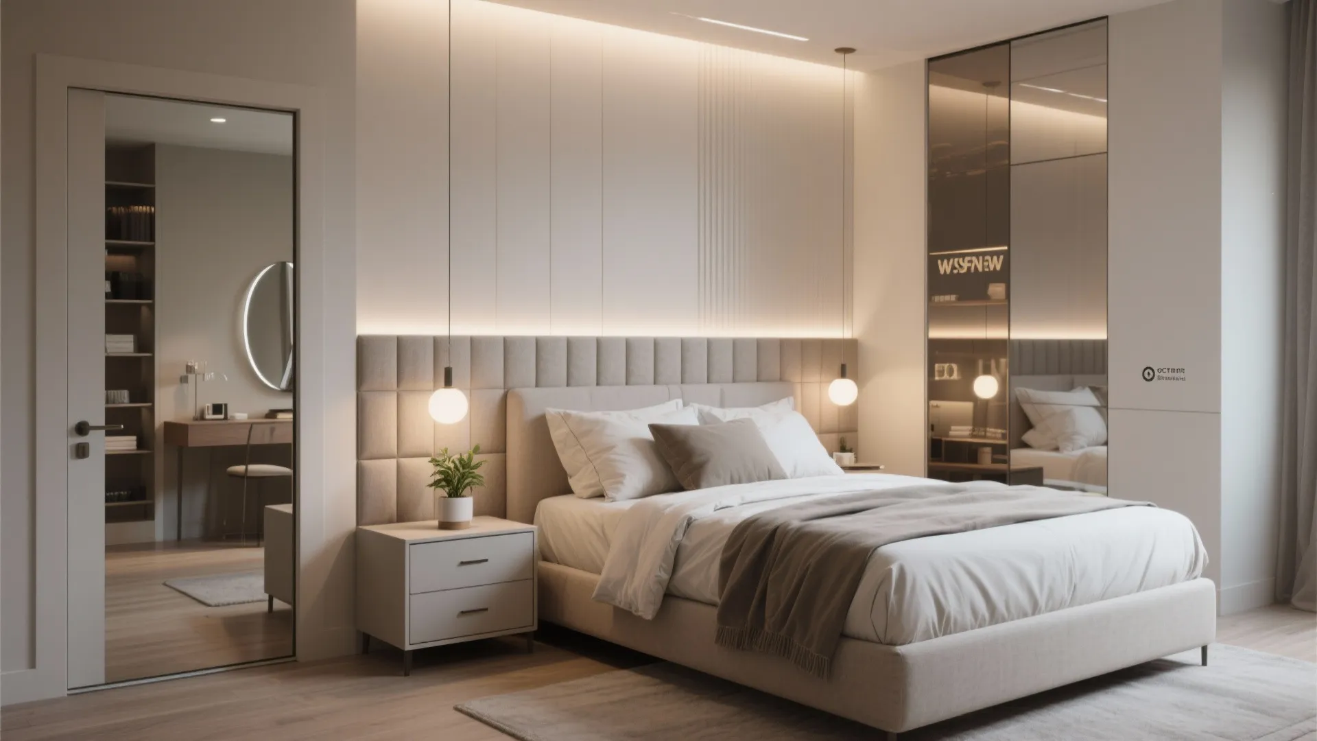 Modern bedroom with beige headboard hanging light fixtures white bedding mirrored closet and wooden floor