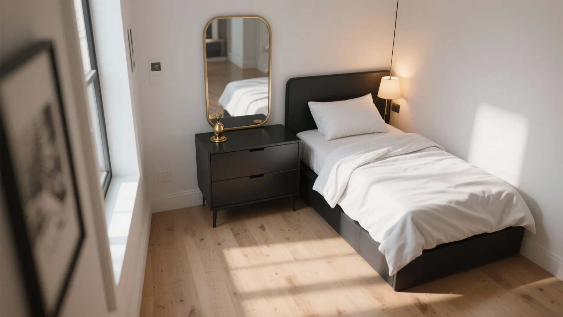 Modern small bedroom with single bed black side table gold mirror wall light and window