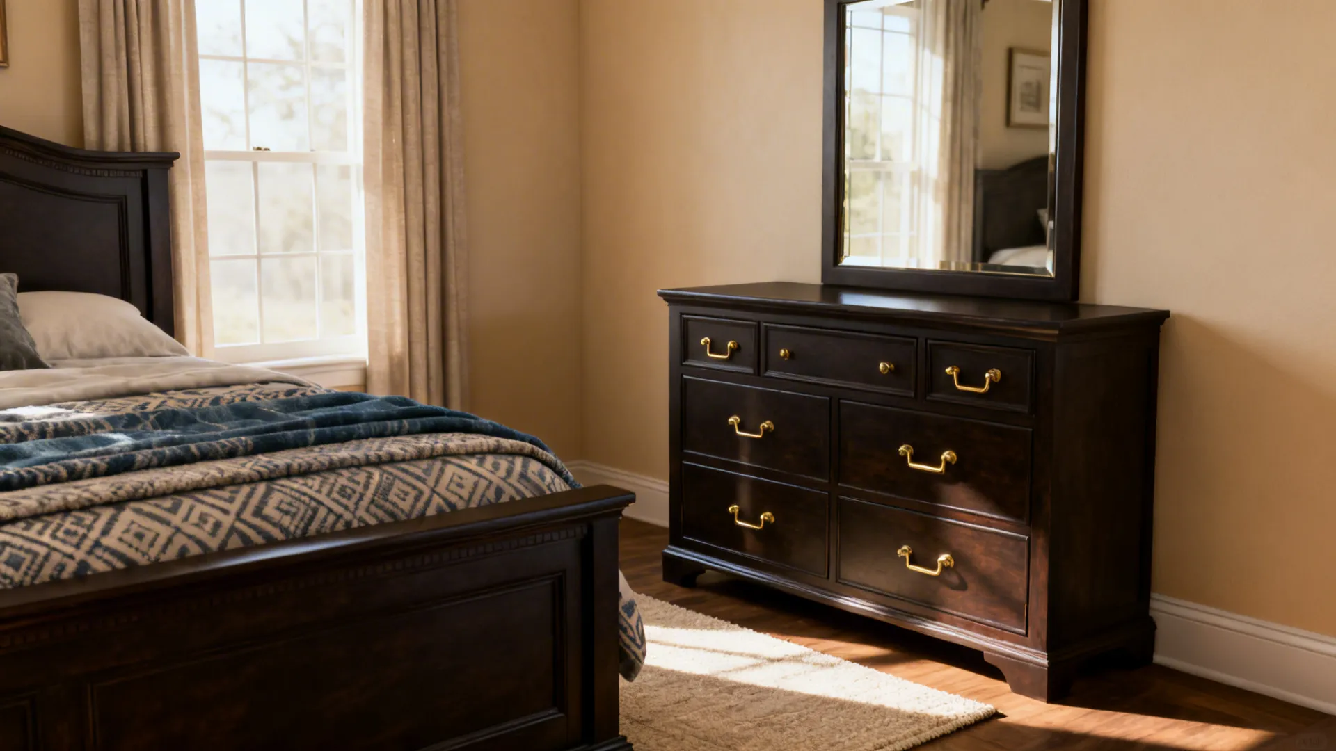 Bedroom vignette showing balanced solutions for FAQs about dark furniture in small rooms