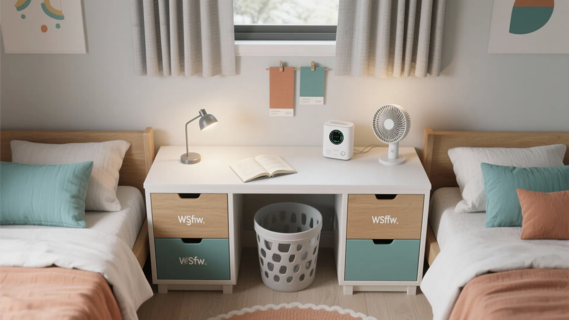 White desk with lamp and book placed between two wooden beds in a cozy room