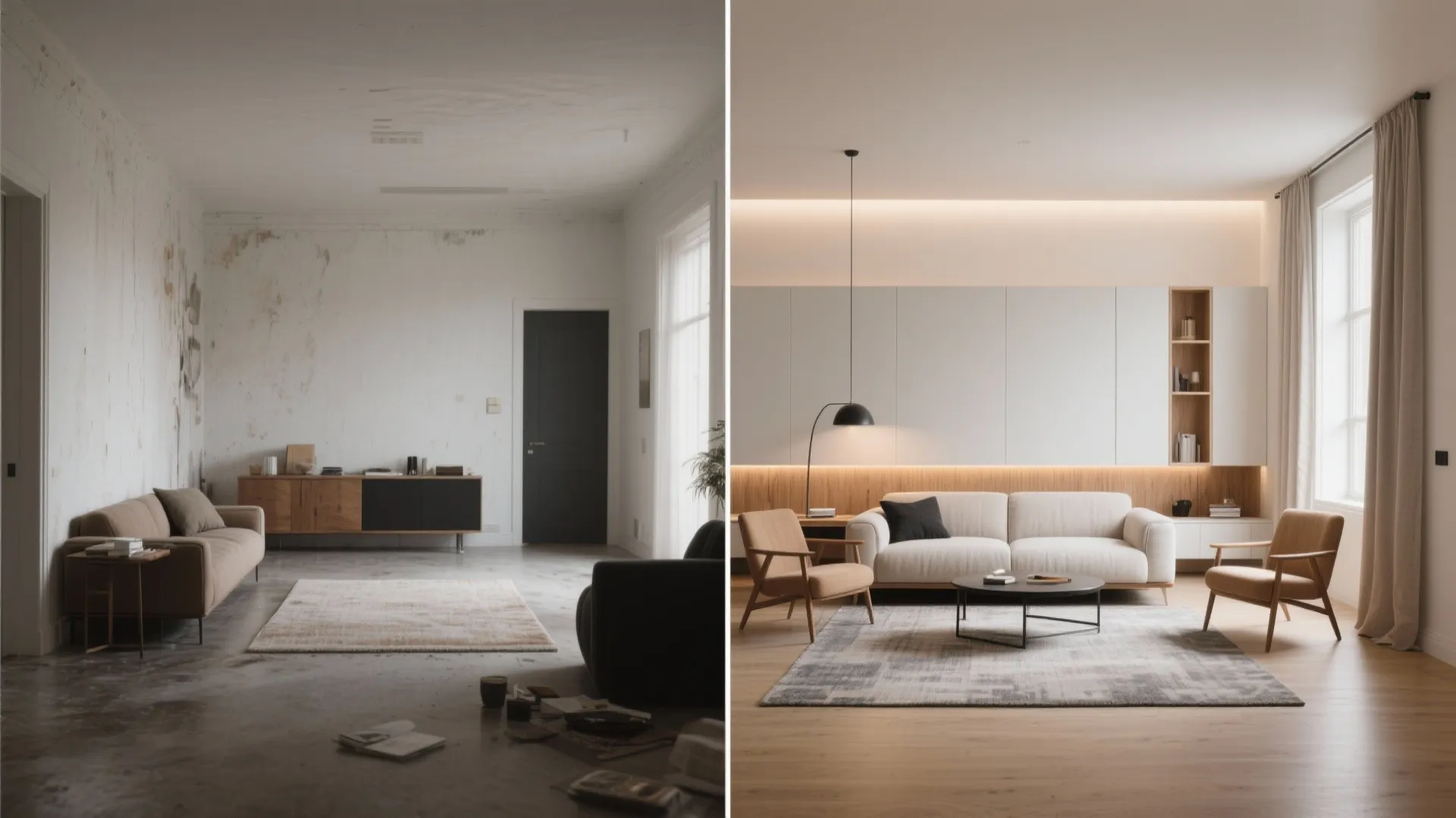 Before and after comparison showing a messy old room transformed into a modern clean living room