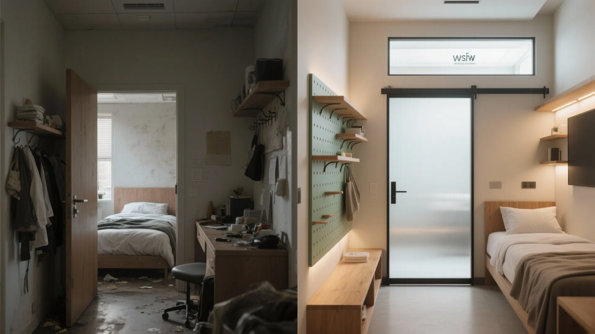 Before and after comparison showing a messy dark room versus a clean modern bright bedroom