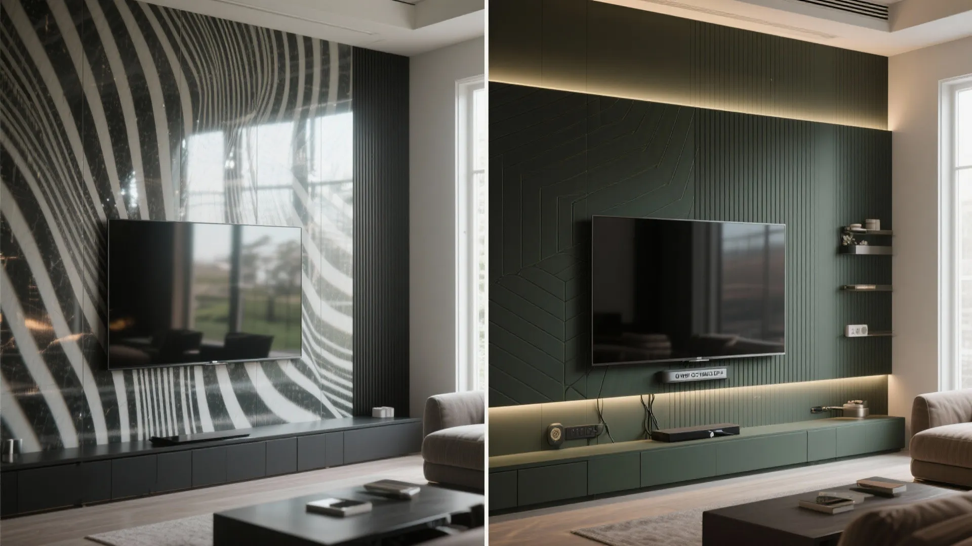 Before-and-after comparison of a living room television wall from marble texture to green wall panel