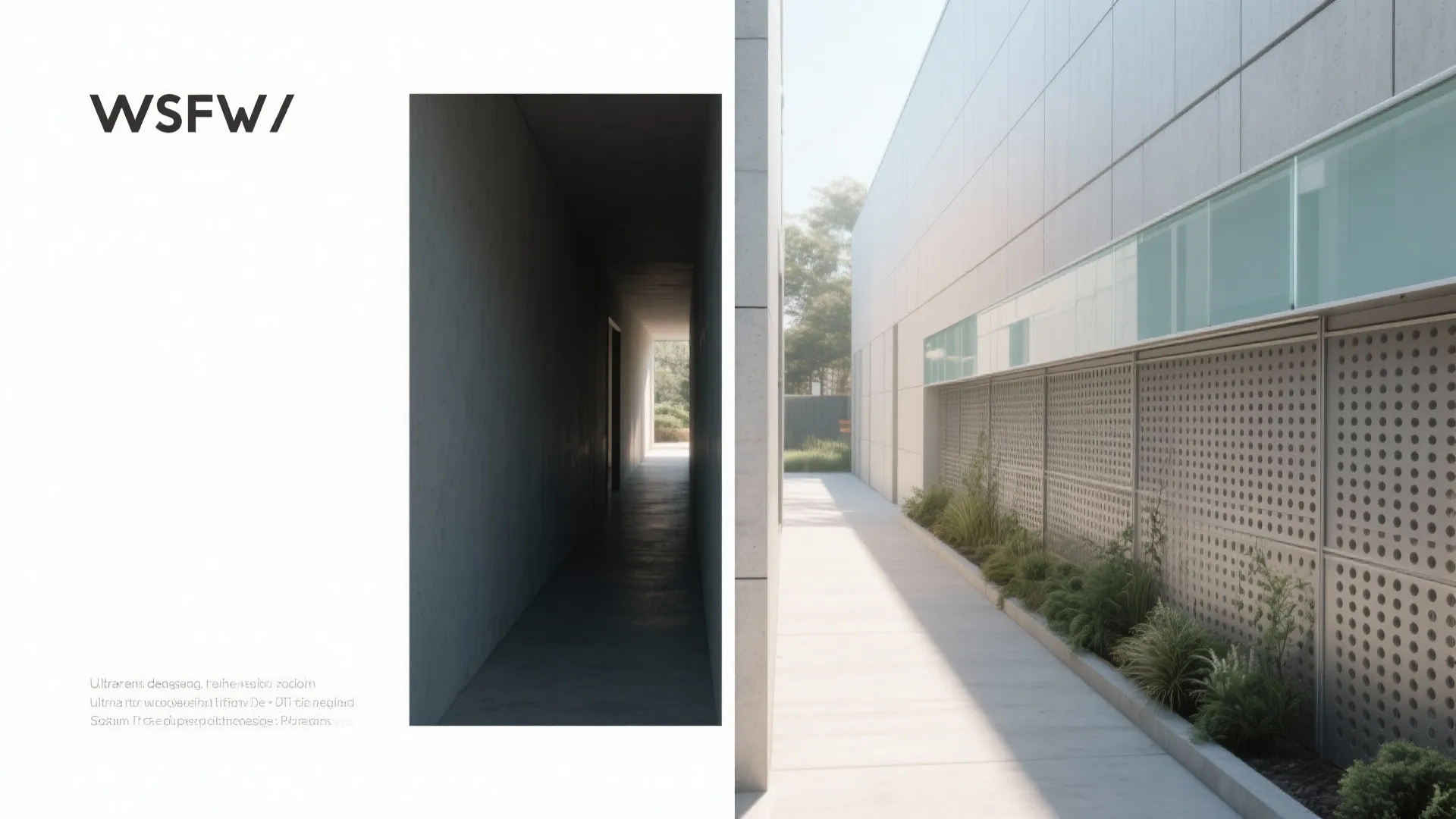 Before-and-after of a narrow side wall upgraded with cladding, glazing, and screens.