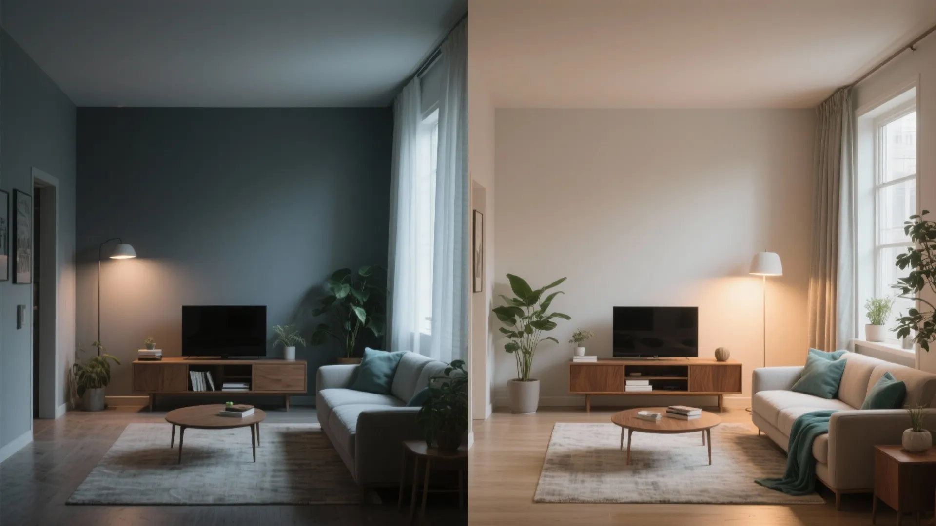Before and after comparison of living room lighting showing dark versus bright warm light atmosphere