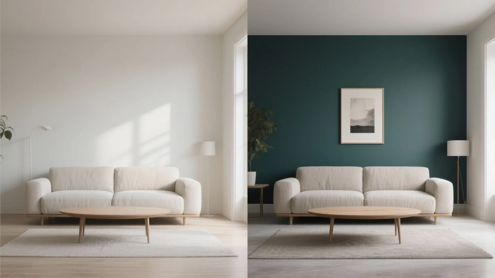 Before-and-after split showing a light room versus the same room with a dark accent wall that adds depth without feeling smaller.