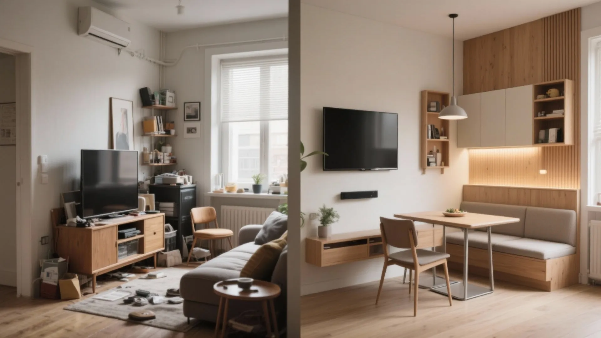 Before and after comparison of a small living room showing TV stand clutter vs optimized wall-mount, banquette and floating seating.
