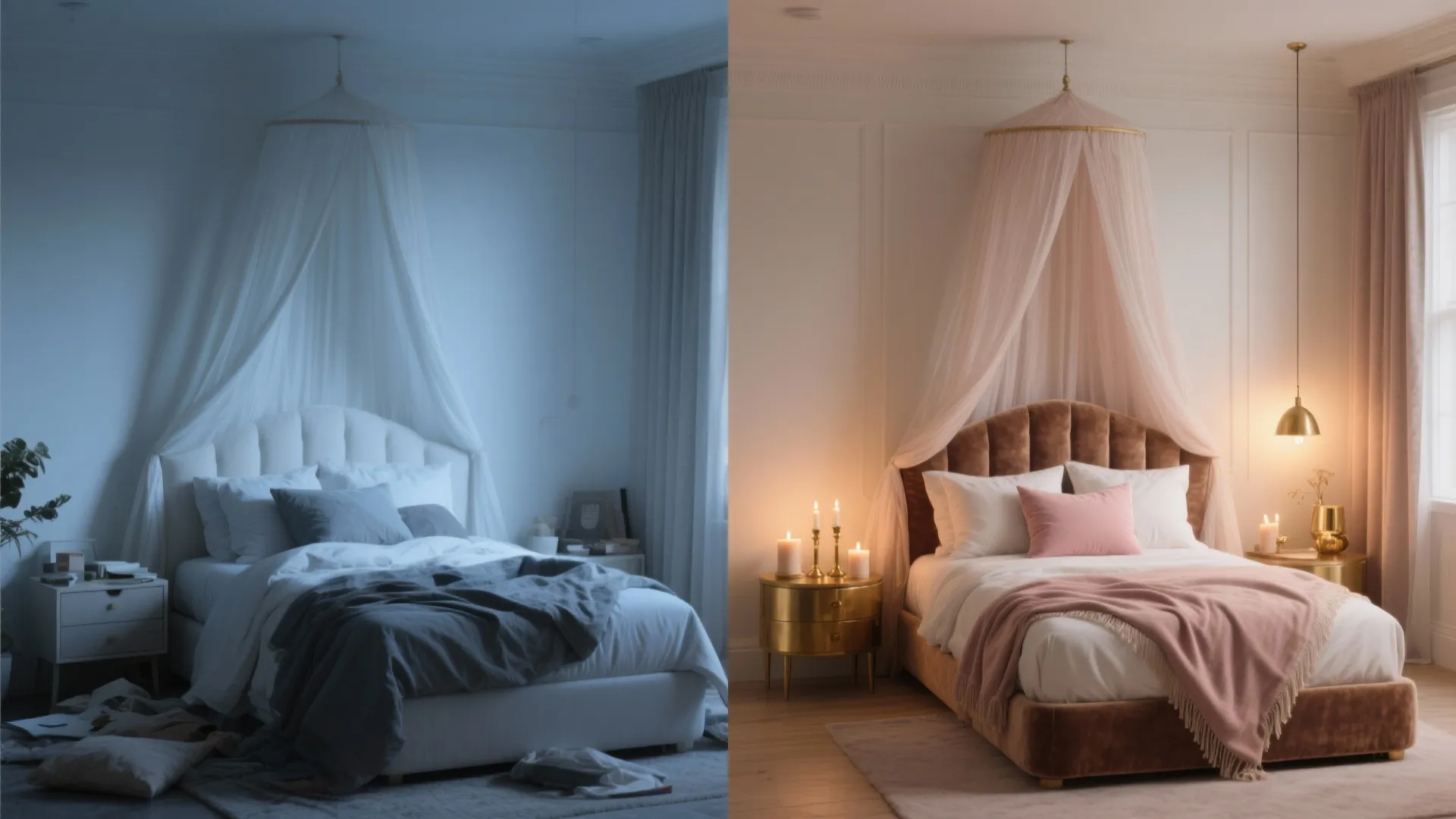 Before and after comparison of a messy dark bedroom versus a clean warm pink bedroom design