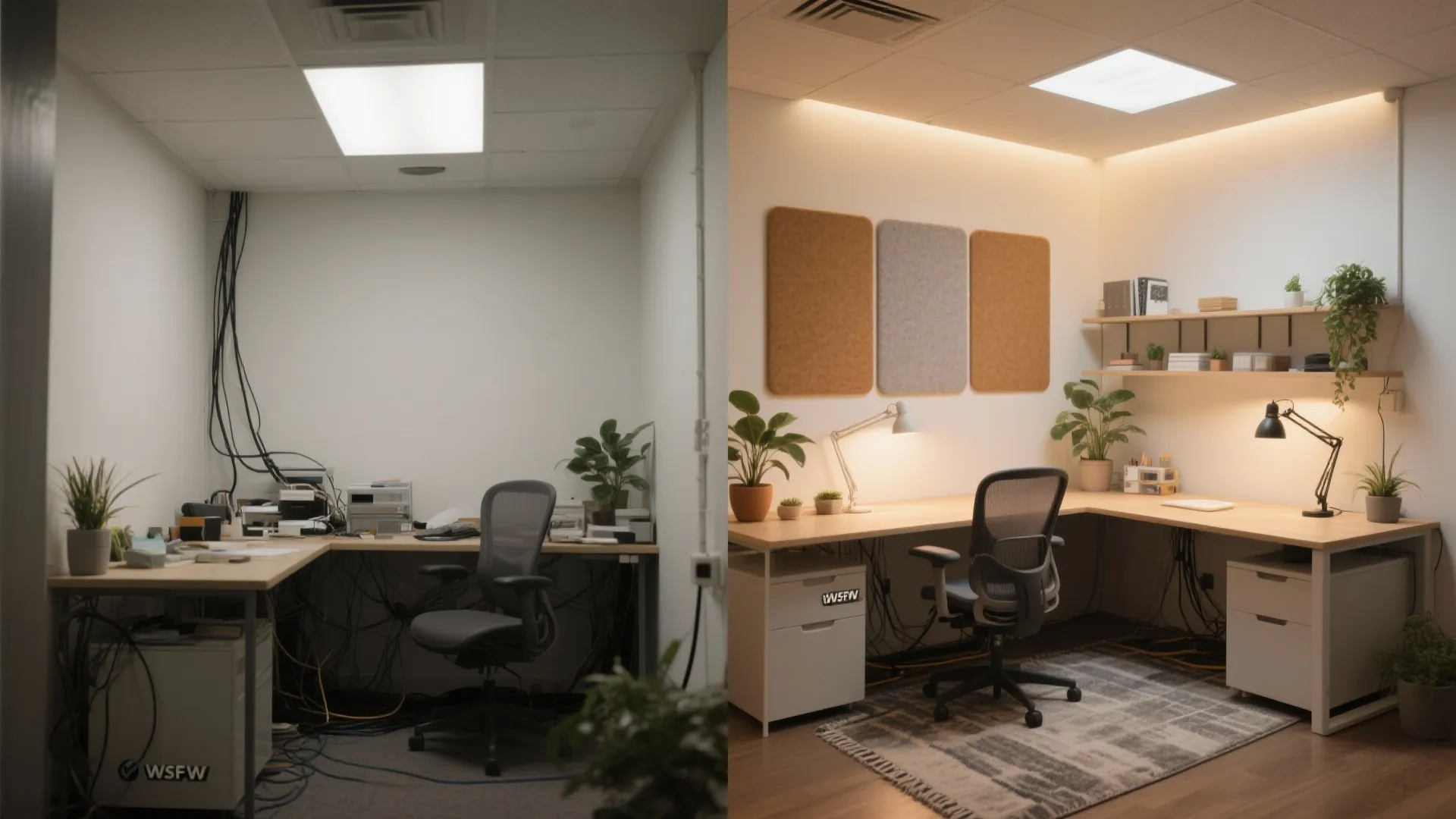 Before and after comparison of a messy office versus a clean workspace with wall panels