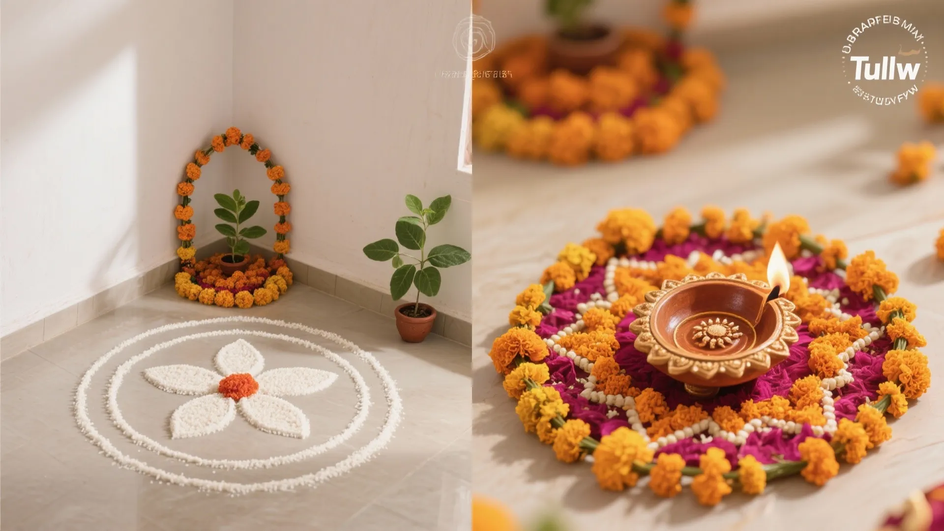 Before and after comparison of simple floor sand art versus a colorful flower petal design layout