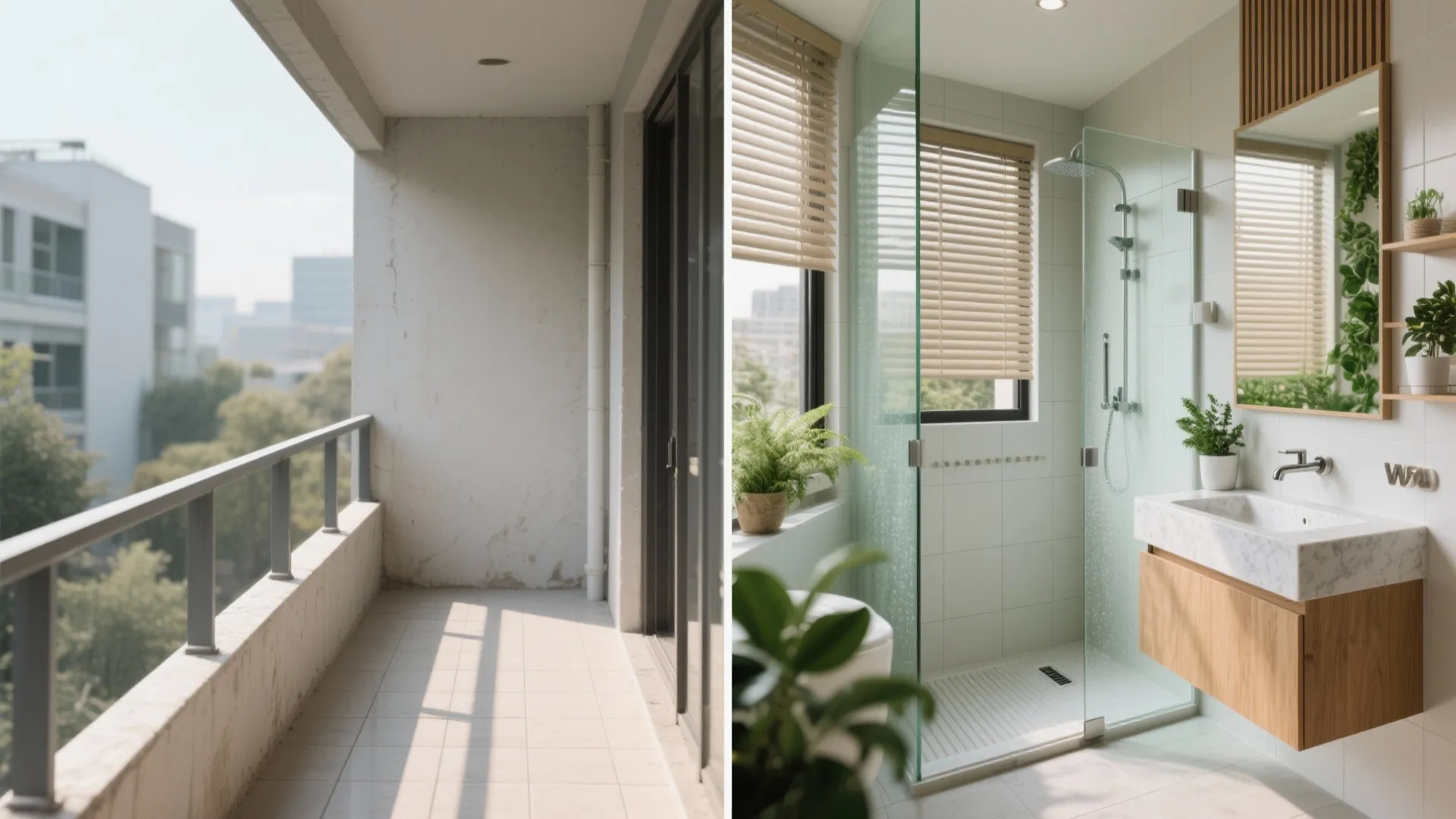 Side by side comparison of an empty balcony and a newly designed modern bright bathroom