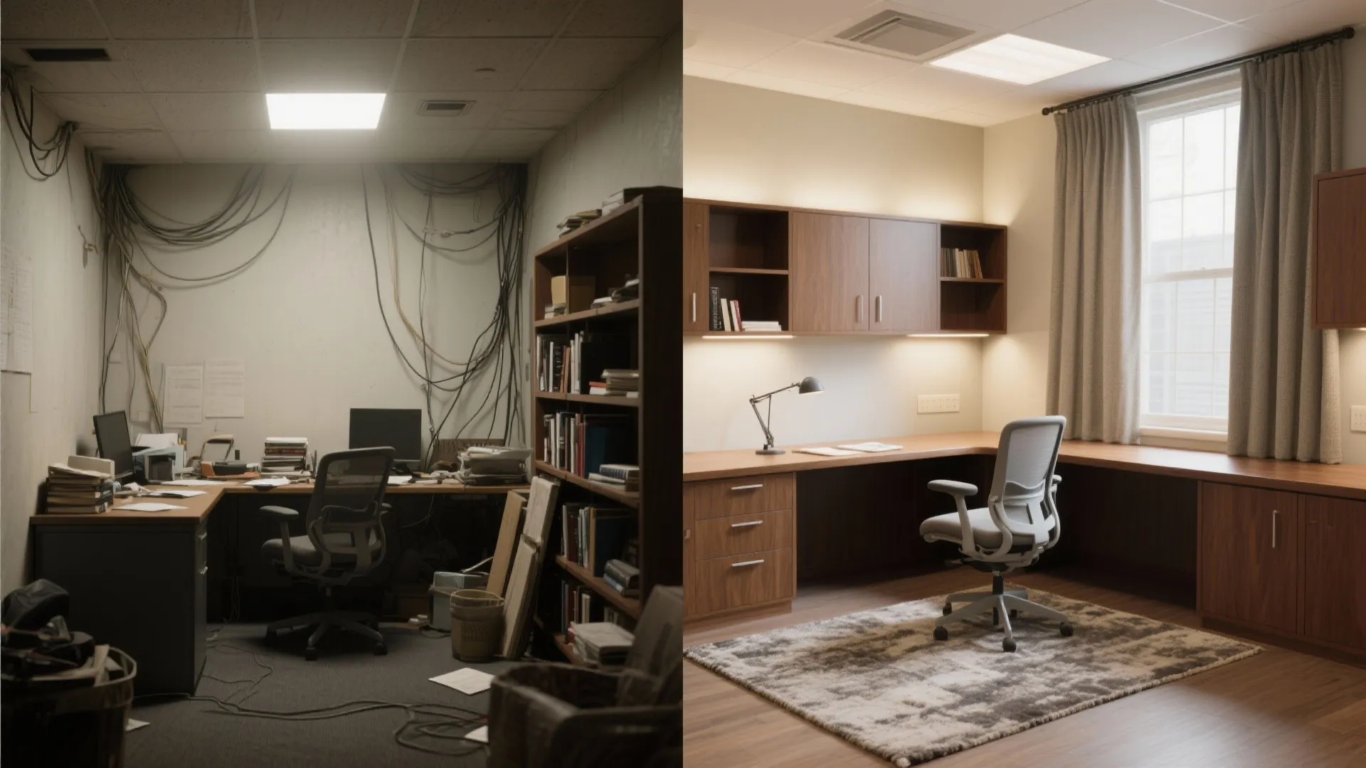 Split-screen study room before and after: cluttered, dim space versus organized, well-lit Suffolk Law study setup.