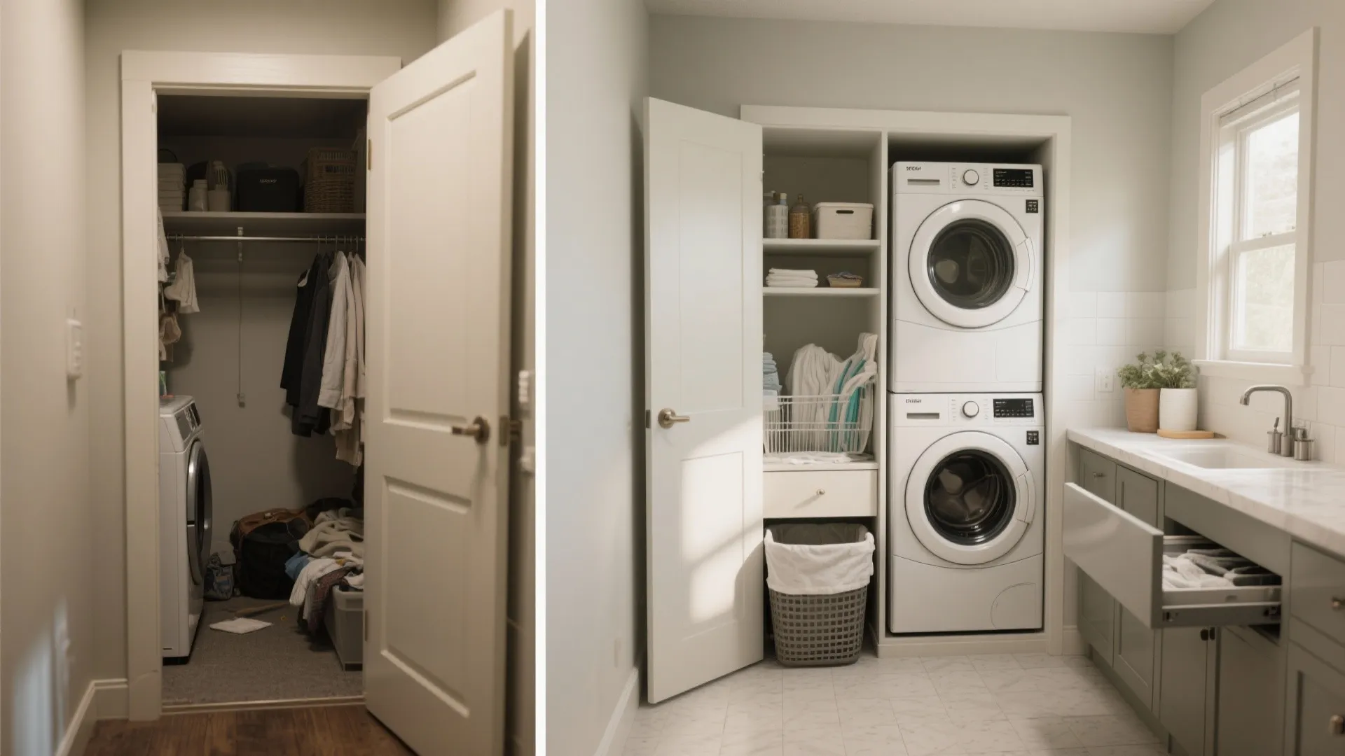 Before-and-after comparison of a cramped laundry closet transformed into an efficient stacked and organized space.